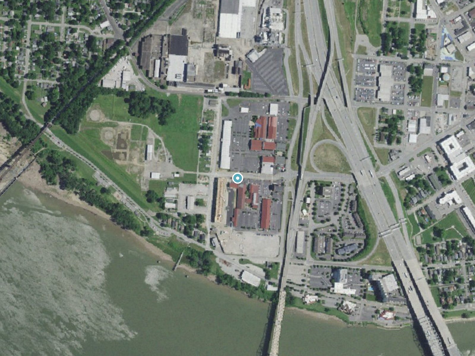 Aerial photo of the same ground around Falls of the Ohio near Clarksville, Indiana, for comparison with the lidar view