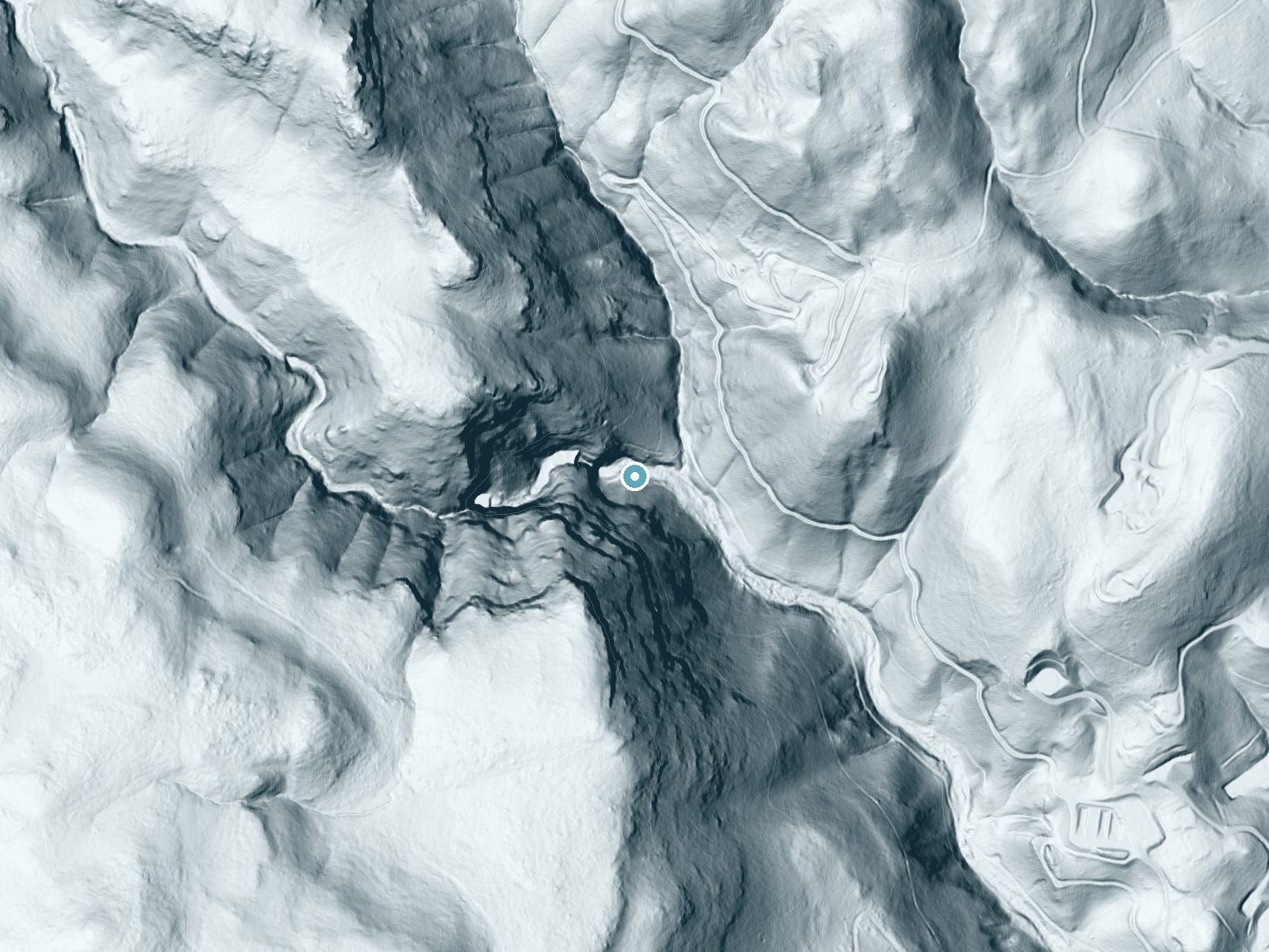 LiDAR bare-earth terrain around Green Valley Falls near Green Valley, California, showing about 257 feet of drop, a single sheer drop, facing east