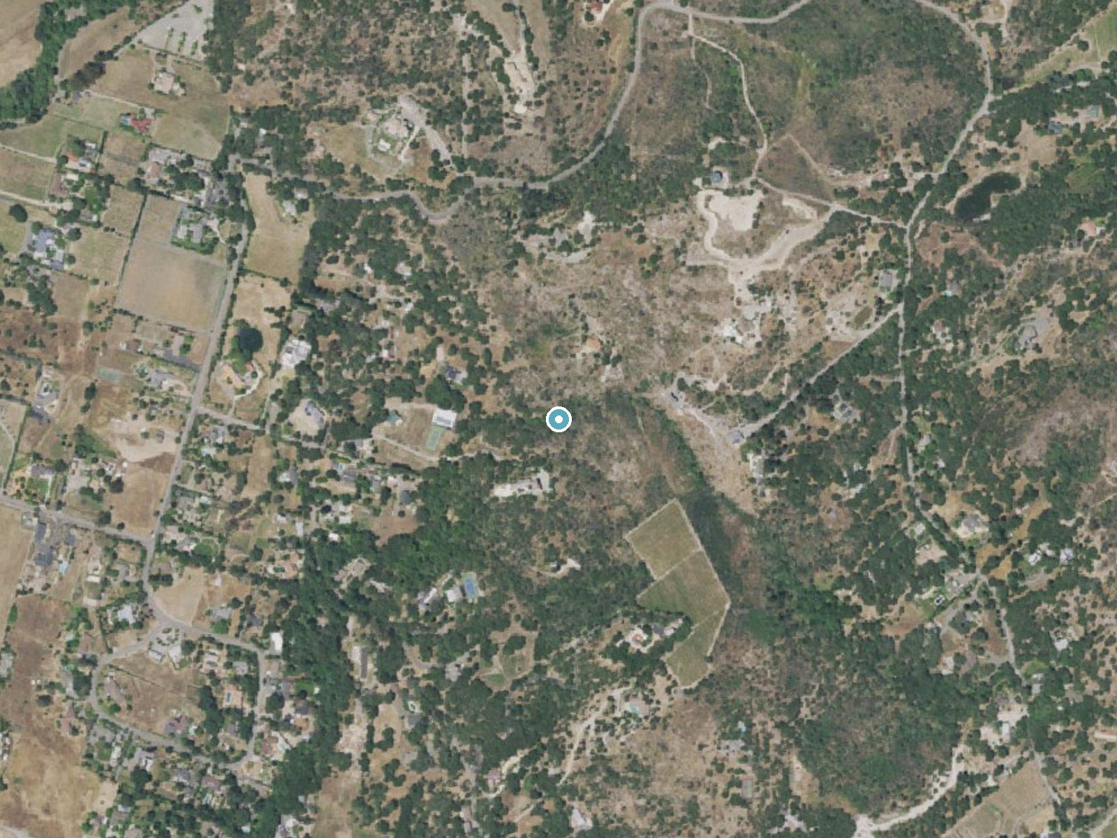 Aerial photo of the same ground around Haraszthy Falls near Sonoma, California, for comparison with the lidar view