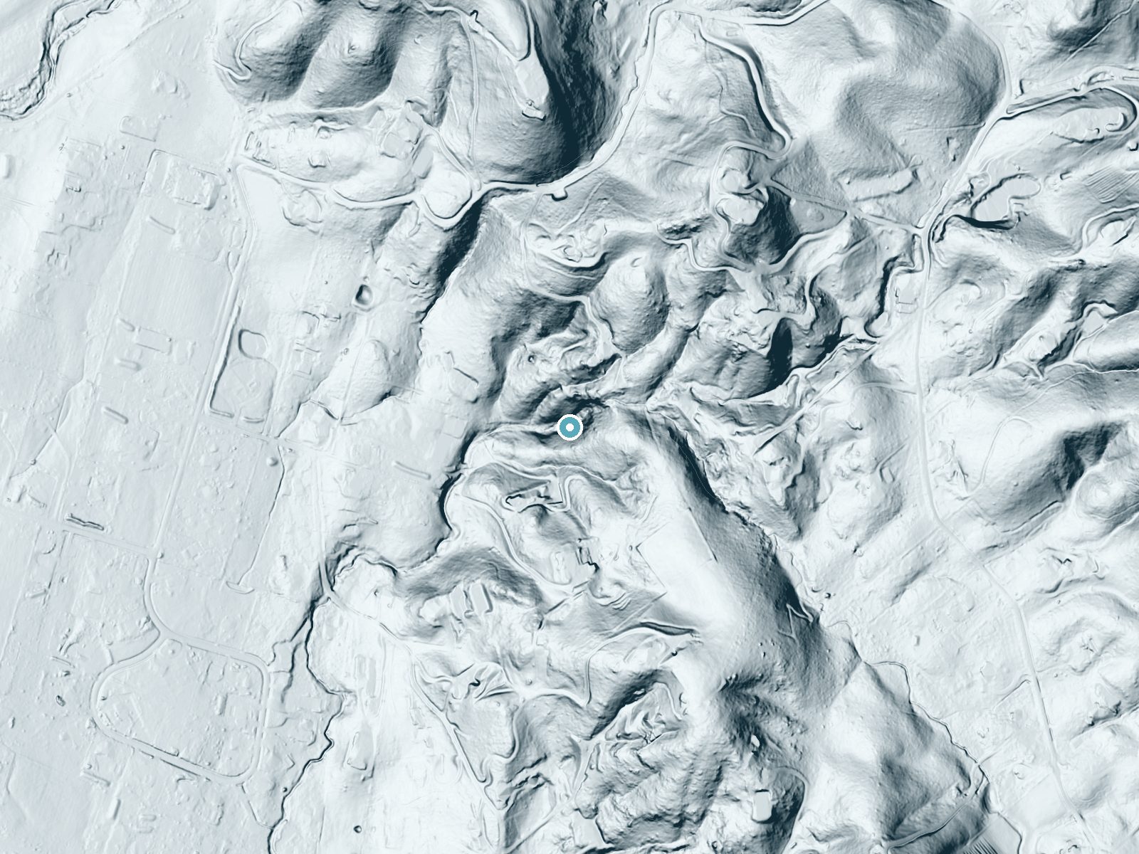 LiDAR bare-earth terrain around Haraszthy Falls near Sonoma, California, showing about 163 feet of drop, a steep tiered drop, facing west