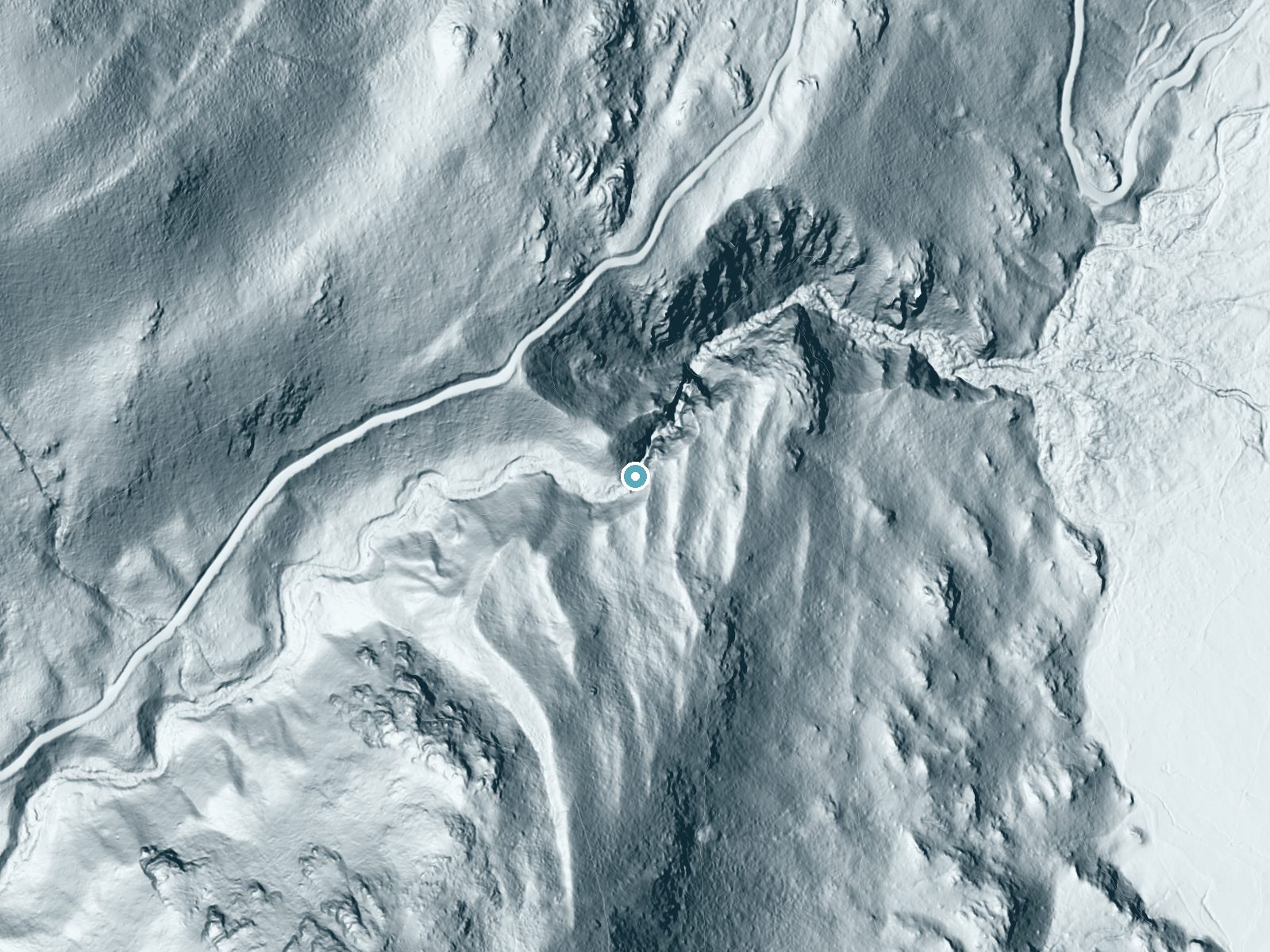 LiDAR bare-earth terrain around Leavitt Falls near Walker, California, showing about 167 feet of drop, a steep tiered drop, facing northeast
