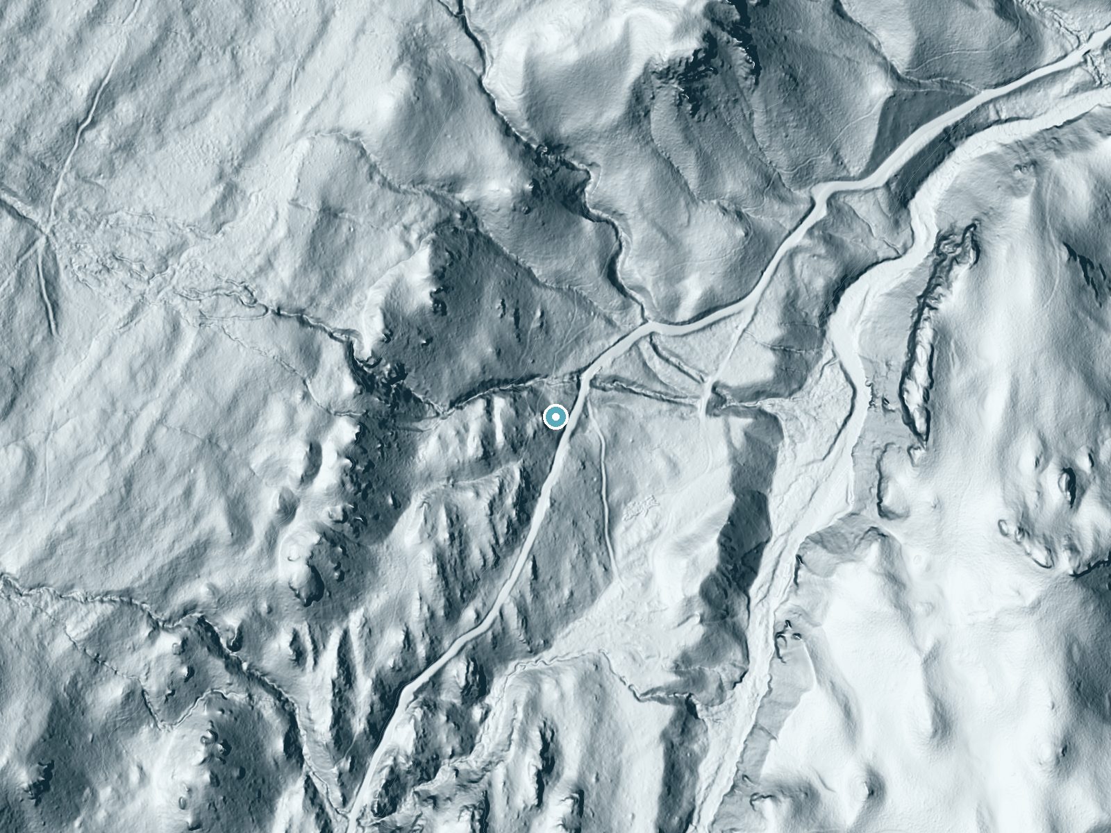 LiDAR bare-earth terrain around Silver Falls near Walker, California, showing about 196 feet of drop, a steep tiered drop, facing east