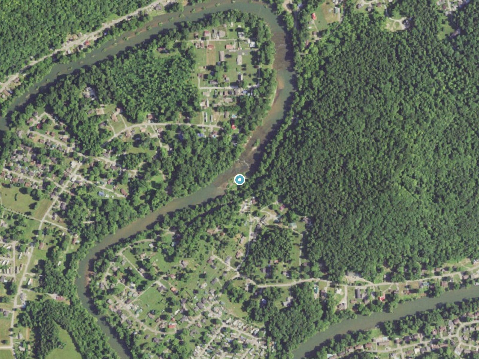 Aerial photo of the same ground around Lower Falls near St. Albans, West Virginia, for comparison with the lidar view