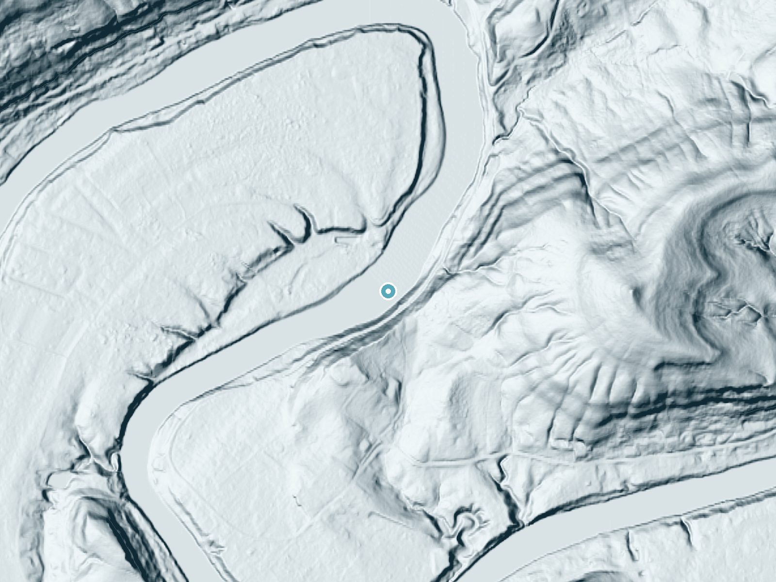 LiDAR bare-earth terrain around Lower Falls near St. Albans, West Virginia, showing about 76 feet of drop, a steep tiered drop, facing northwest