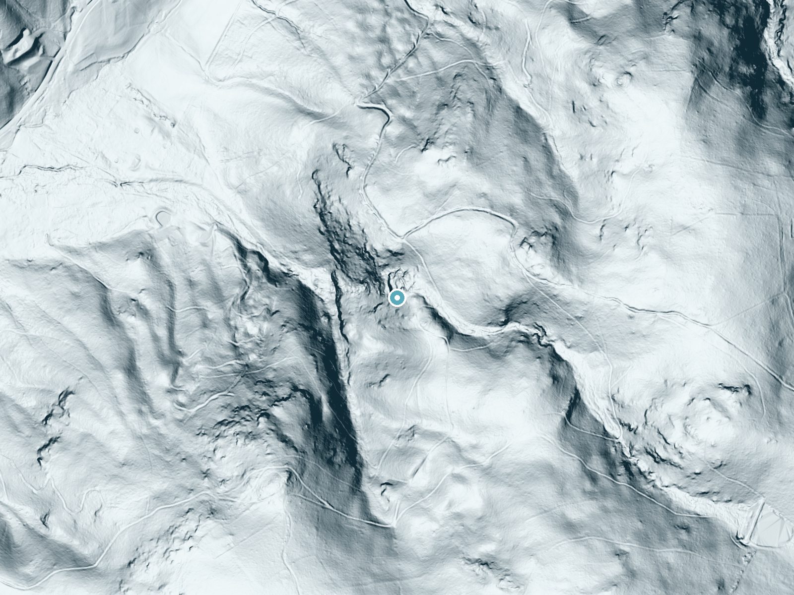 LiDAR bare-earth terrain around Cedar Falls near Elkton, Virginia, showing about 263 feet of drop, a steep tiered drop, facing west