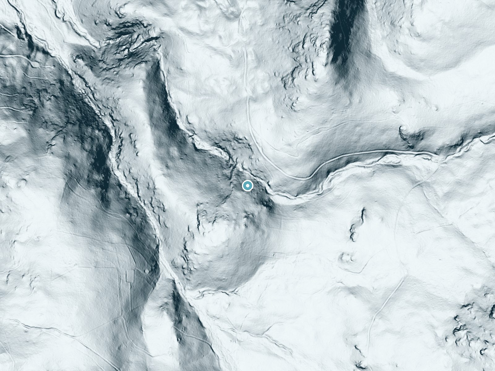 LiDAR bare-earth terrain around Dry Run Falls near Elkton, Virginia, showing about 194 feet of drop, a steep tiered drop, facing north