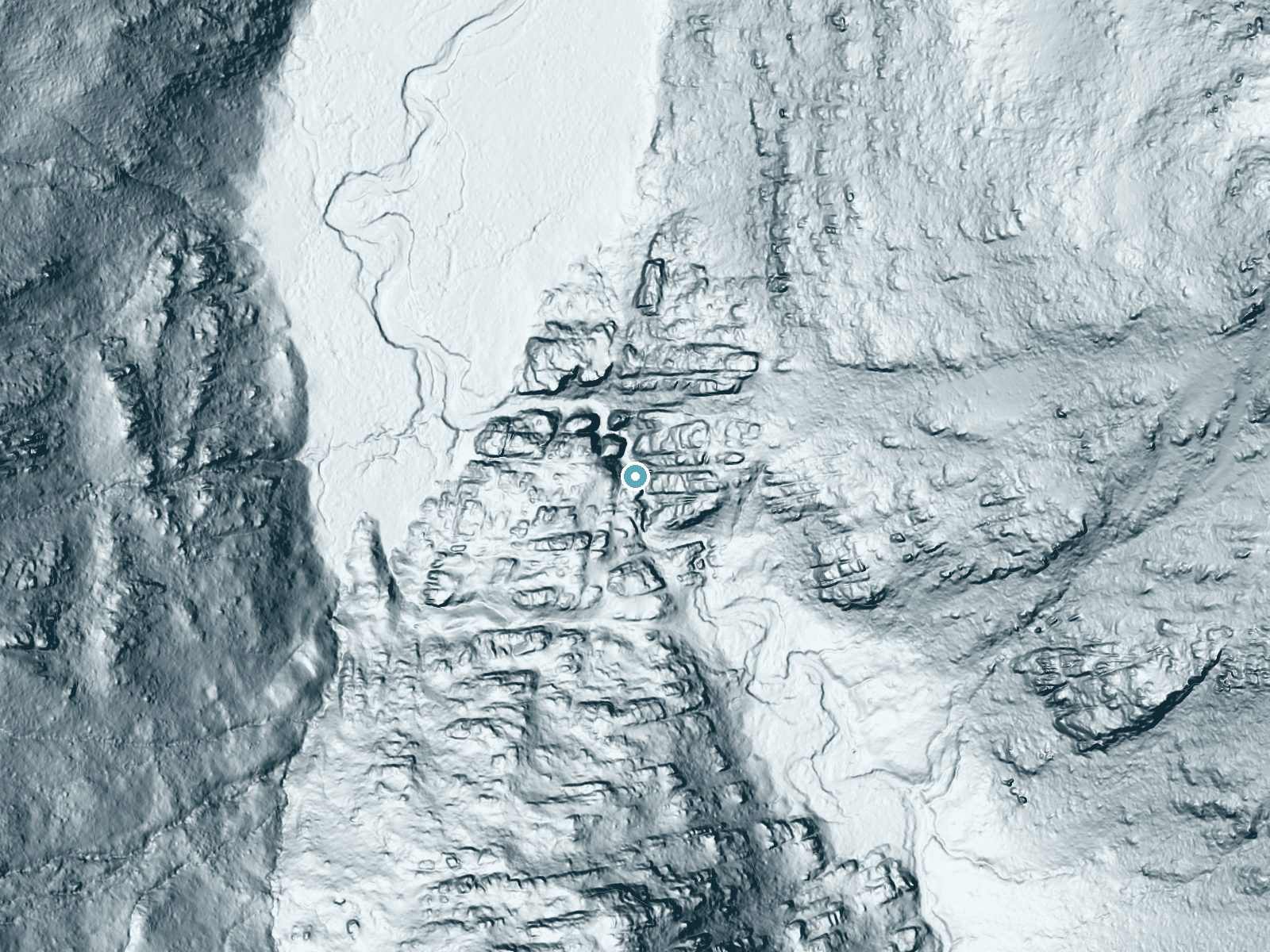 LiDAR bare-earth terrain around Carson Falls near Walker, California, showing about 233 feet of drop, a steep tiered drop, facing west