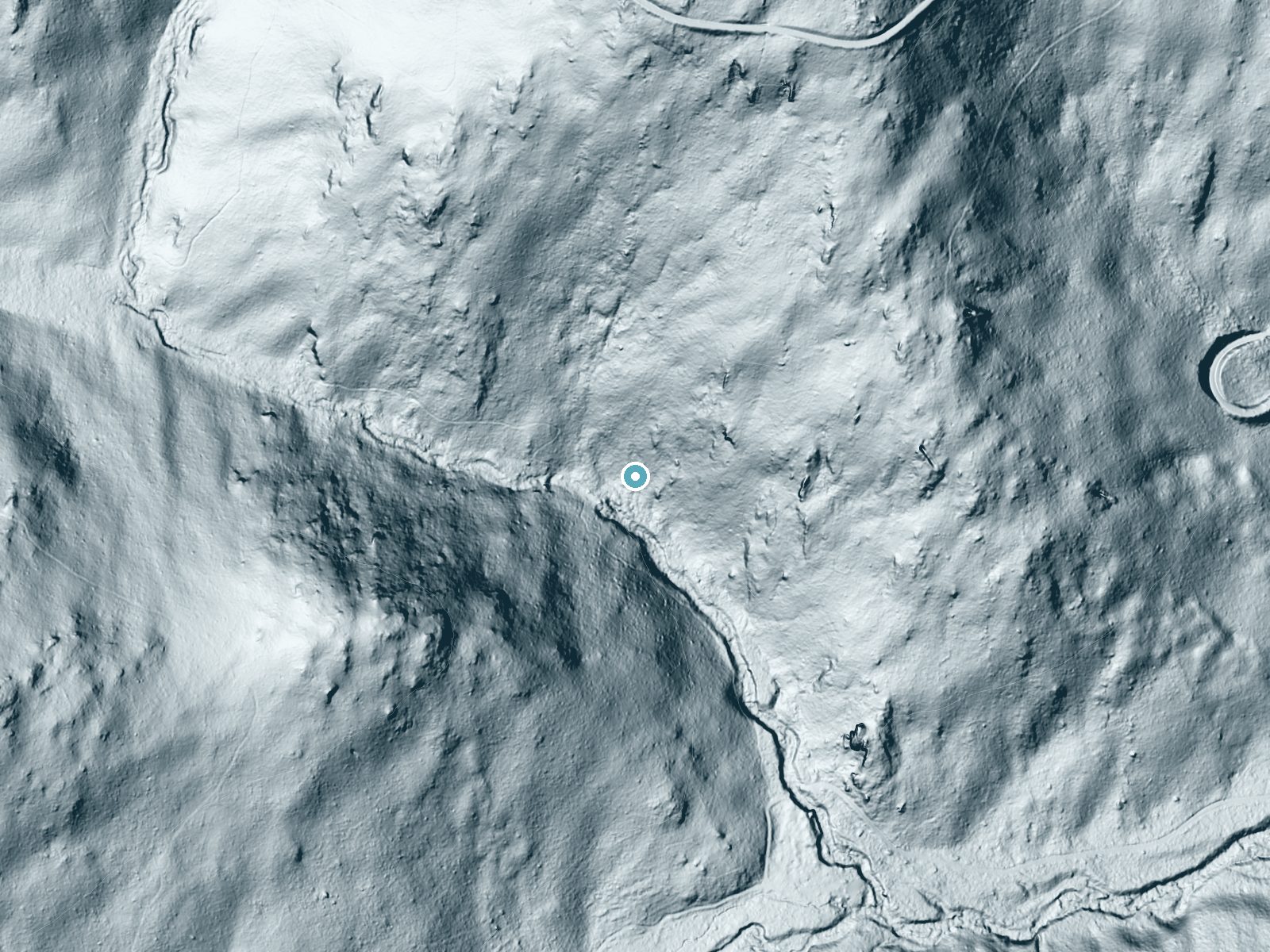 LiDAR bare-earth terrain around Big Rock Falls near Stanley, Virginia, showing about 159 feet of drop, a long cascade, facing south