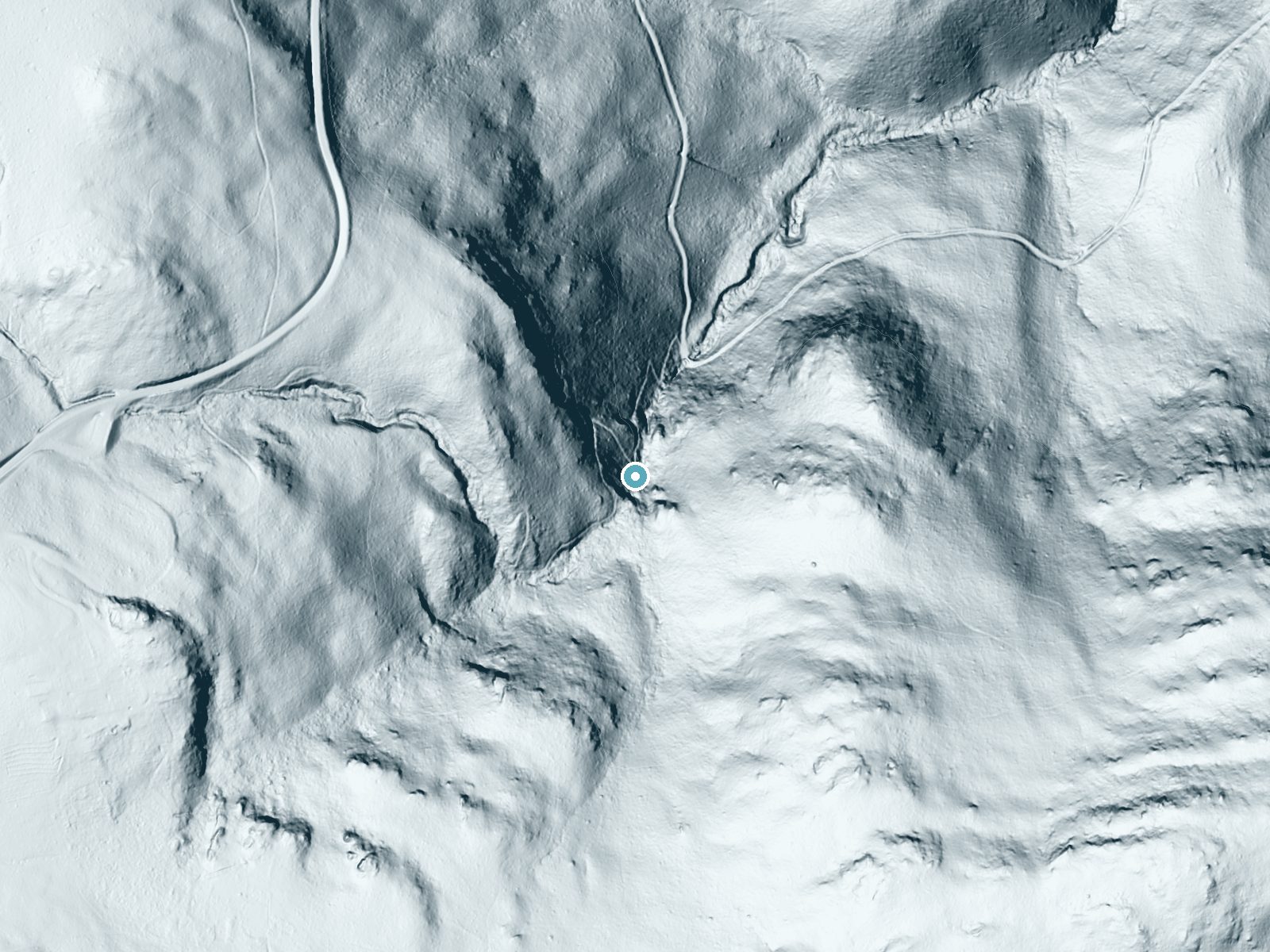 LiDAR bare-earth terrain around Dark Hollow Falls near Stanley, Virginia, showing about 199 feet of drop, a steep tiered drop, facing northeast