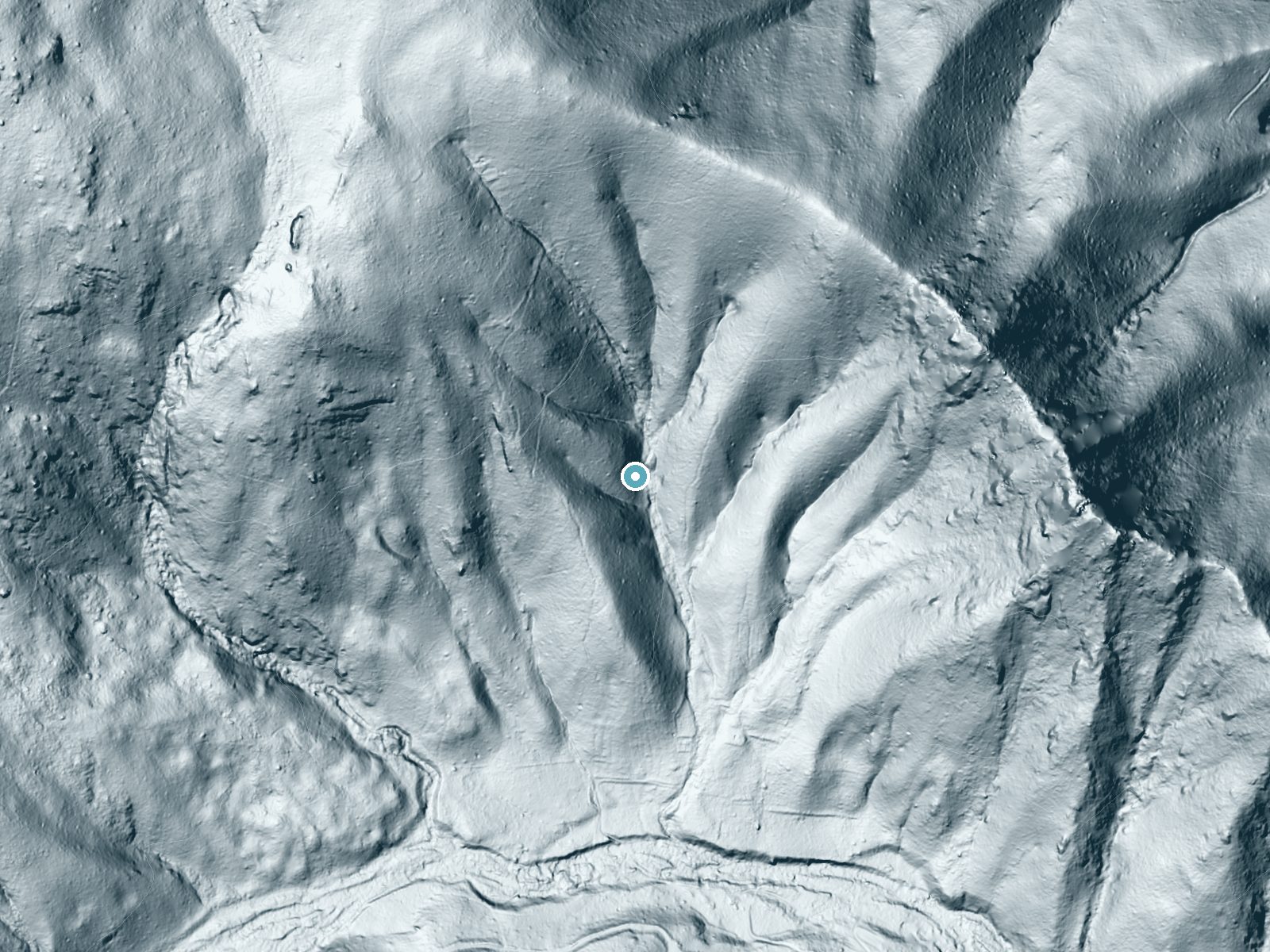 LiDAR bare-earth terrain around Climbing Rose Falls near Stanley, Virginia, showing about 210 feet of drop, a steep tiered drop, facing southeast