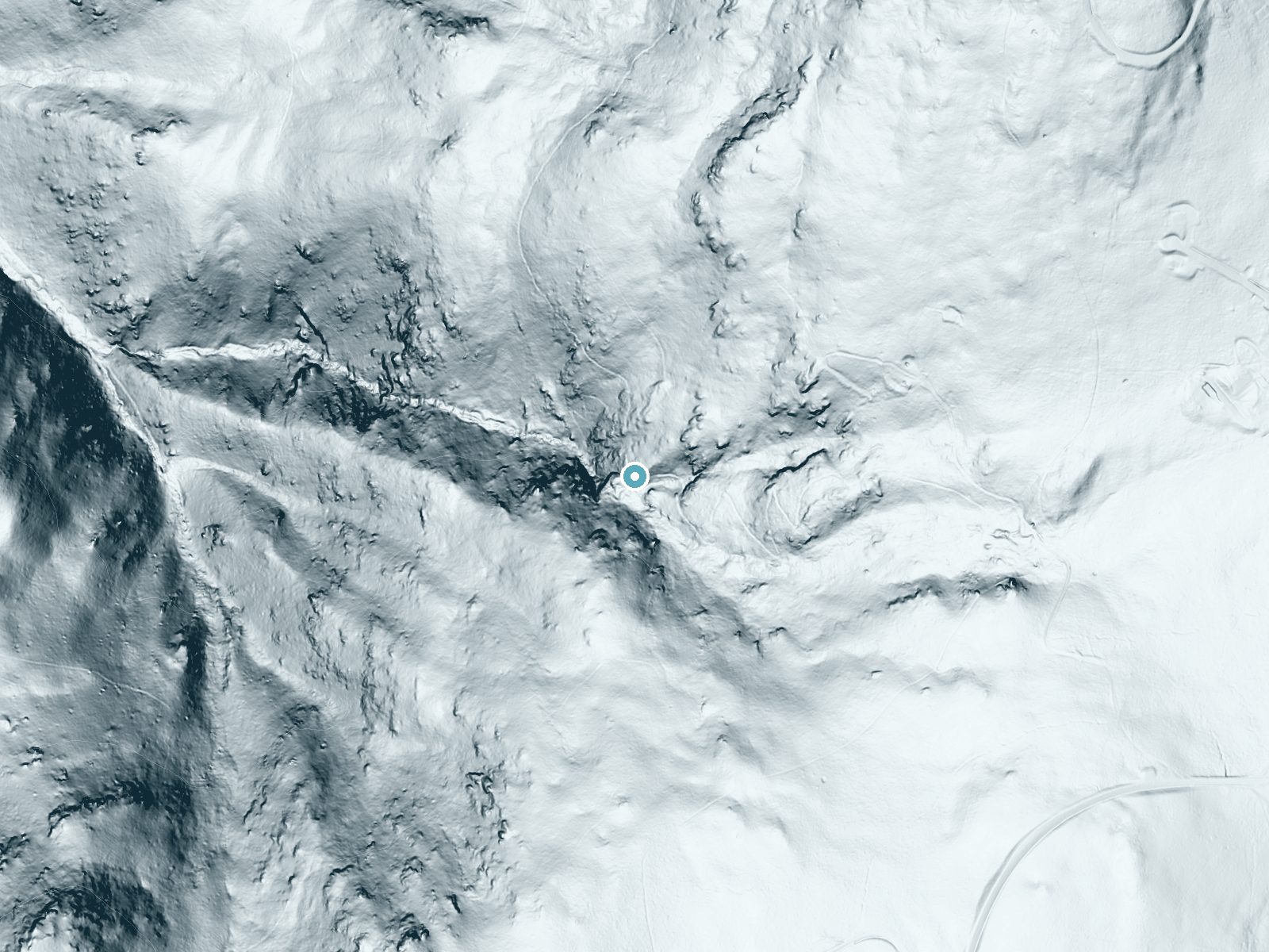LiDAR bare-earth terrain around Lewis Spring Falls near Stanley, Virginia, showing about 303 feet of drop, a steep tiered drop, facing west