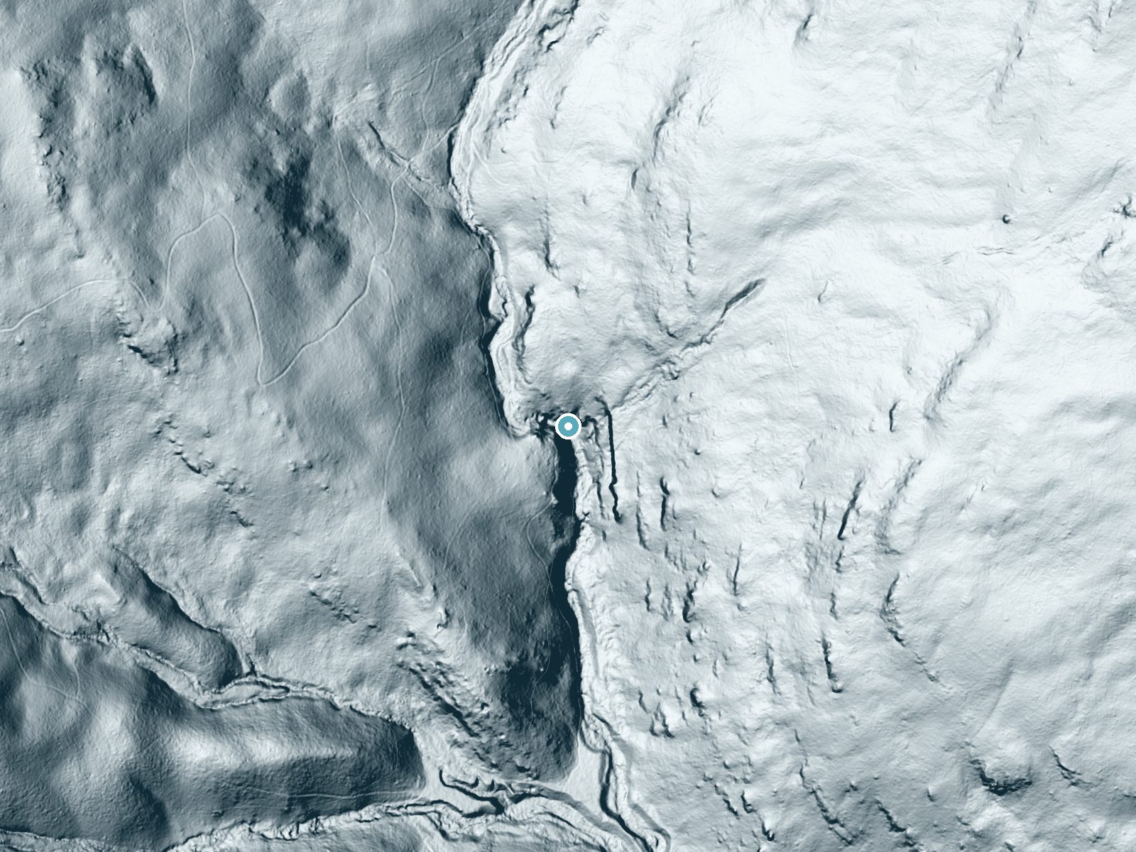 LiDAR bare-earth terrain around Rose River Falls near Stanley, Virginia, showing about 188 feet of drop, a steep tiered drop, facing south