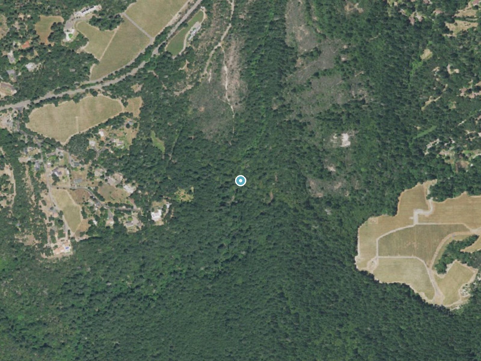 Aerial photo of the same ground around Linda Falls near Angwin, California, for comparison with the lidar view