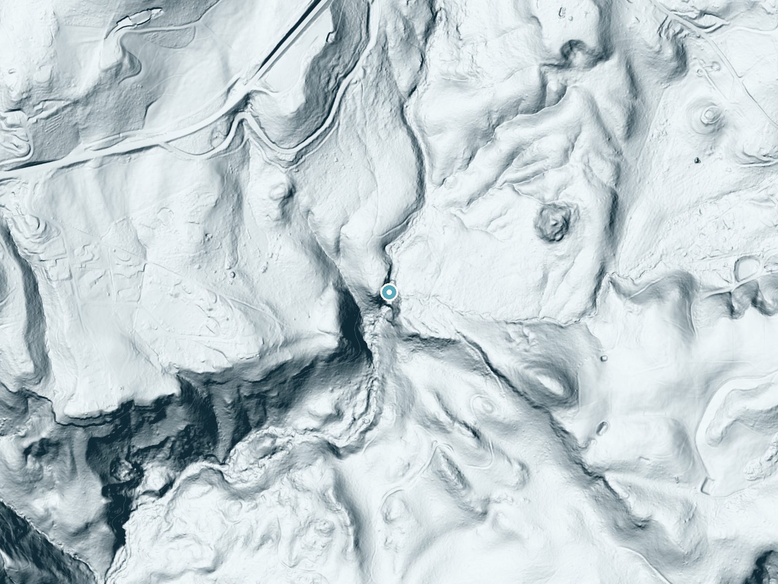 LiDAR bare-earth terrain around Linda Falls near Angwin, California, showing about 163 feet of drop, a steep tiered drop, facing southwest