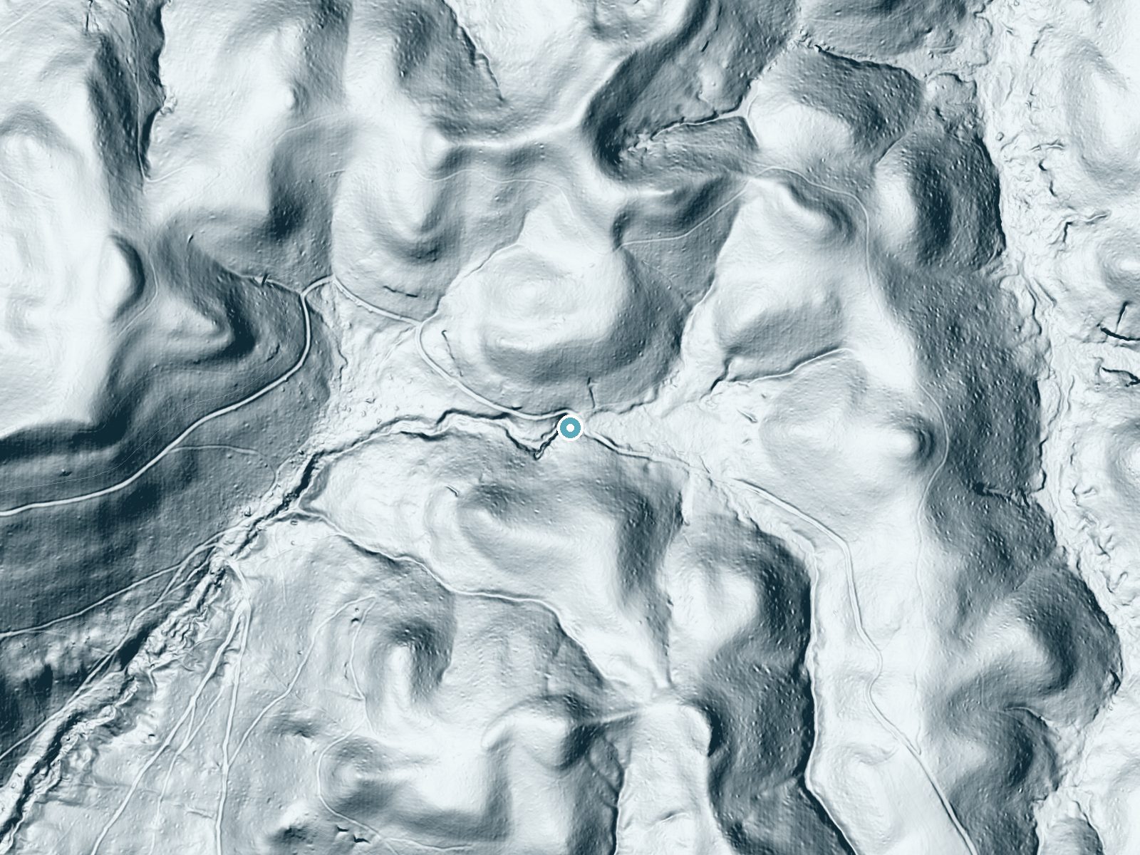LiDAR bare-earth terrain around Tenskwatawa Falls near Pickens, West Virginia, showing about 91 feet of drop, a long cascade, facing west