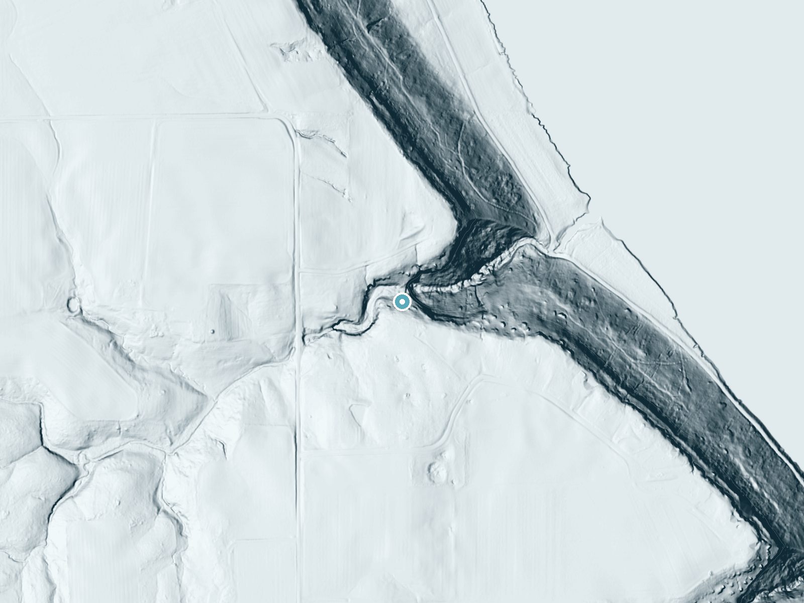 LiDAR bare-earth terrain around Harts Falls near Hanover, Indiana, showing about 180 feet of drop, a steep tiered drop, facing northeast
