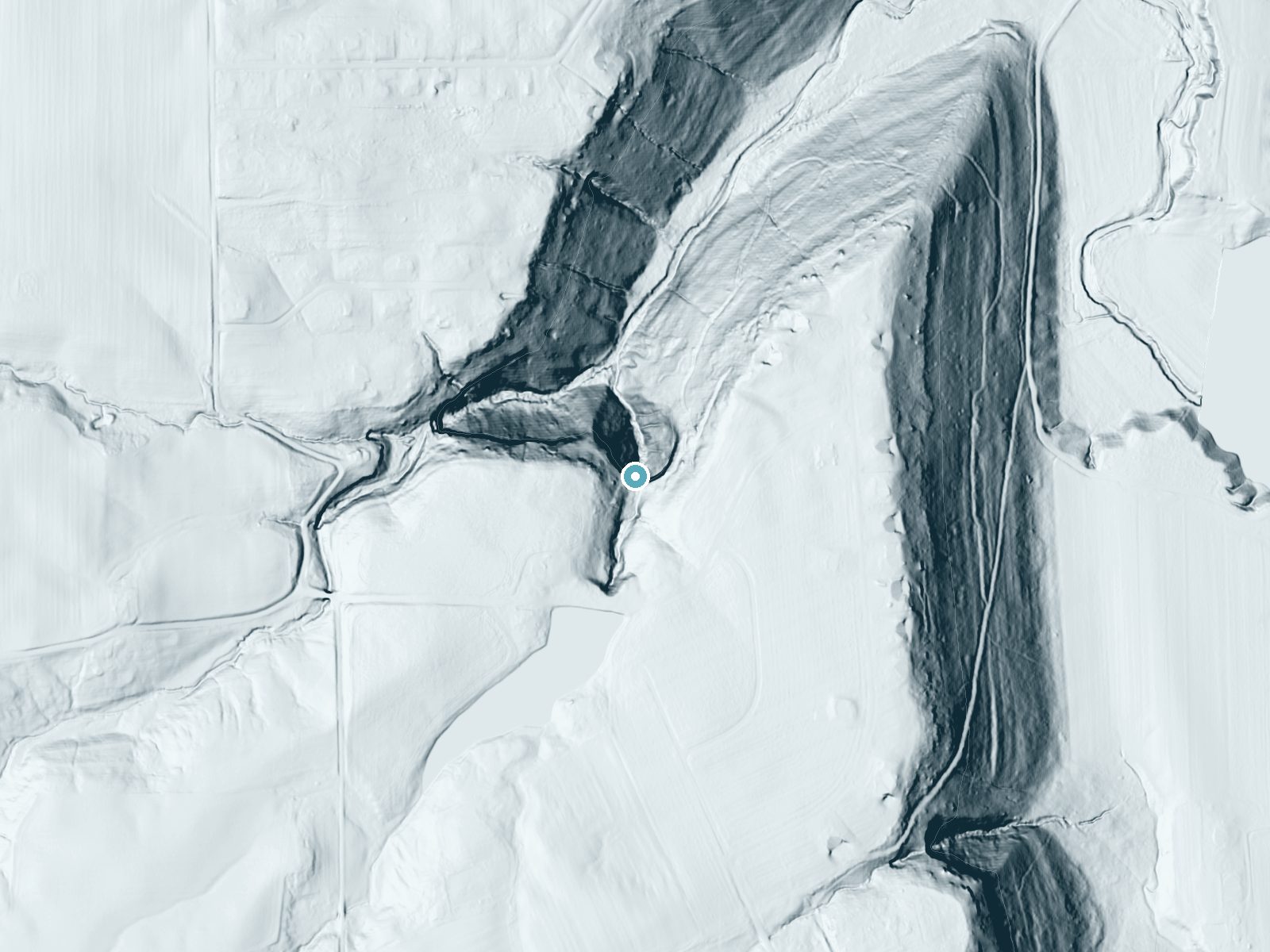 LiDAR bare-earth terrain around Fremont Falls near Hanover, Indiana, showing about 208 feet of drop, a single sheer drop, facing north