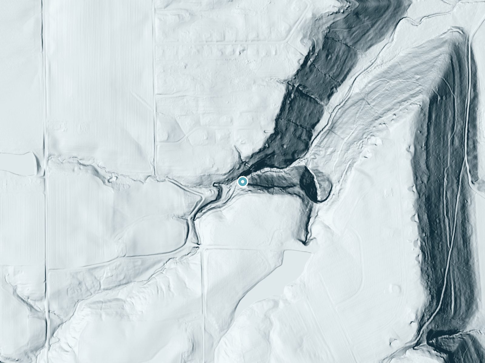 LiDAR bare-earth terrain around Chain Mill Falls near Hanover, Indiana, showing about 191 feet of drop, a single sheer drop, facing northeast