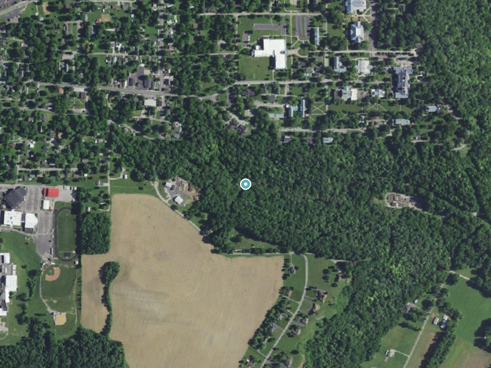 Aerial photo of the same ground around Crowe Falls near Hanover, Indiana, for comparison with the lidar view