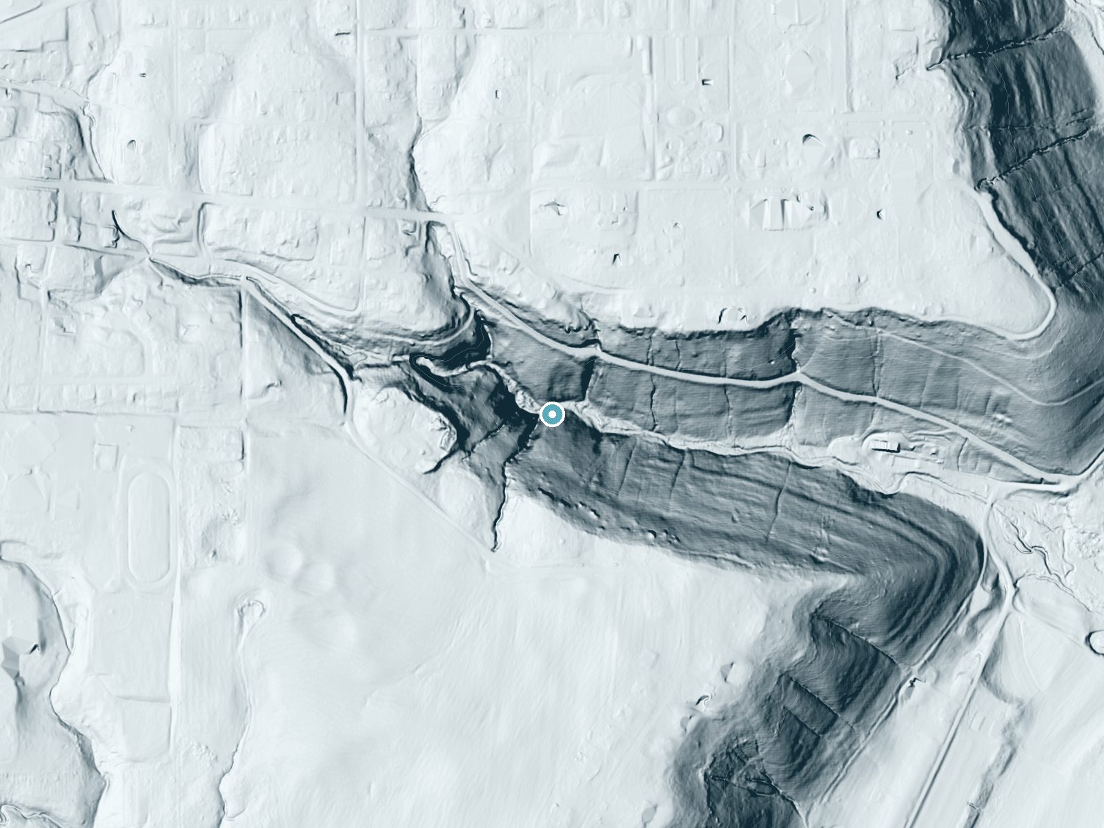 LiDAR bare-earth terrain around Crowe Falls near Hanover, Indiana, showing about 145 feet of drop, a steep tiered drop, facing northeast