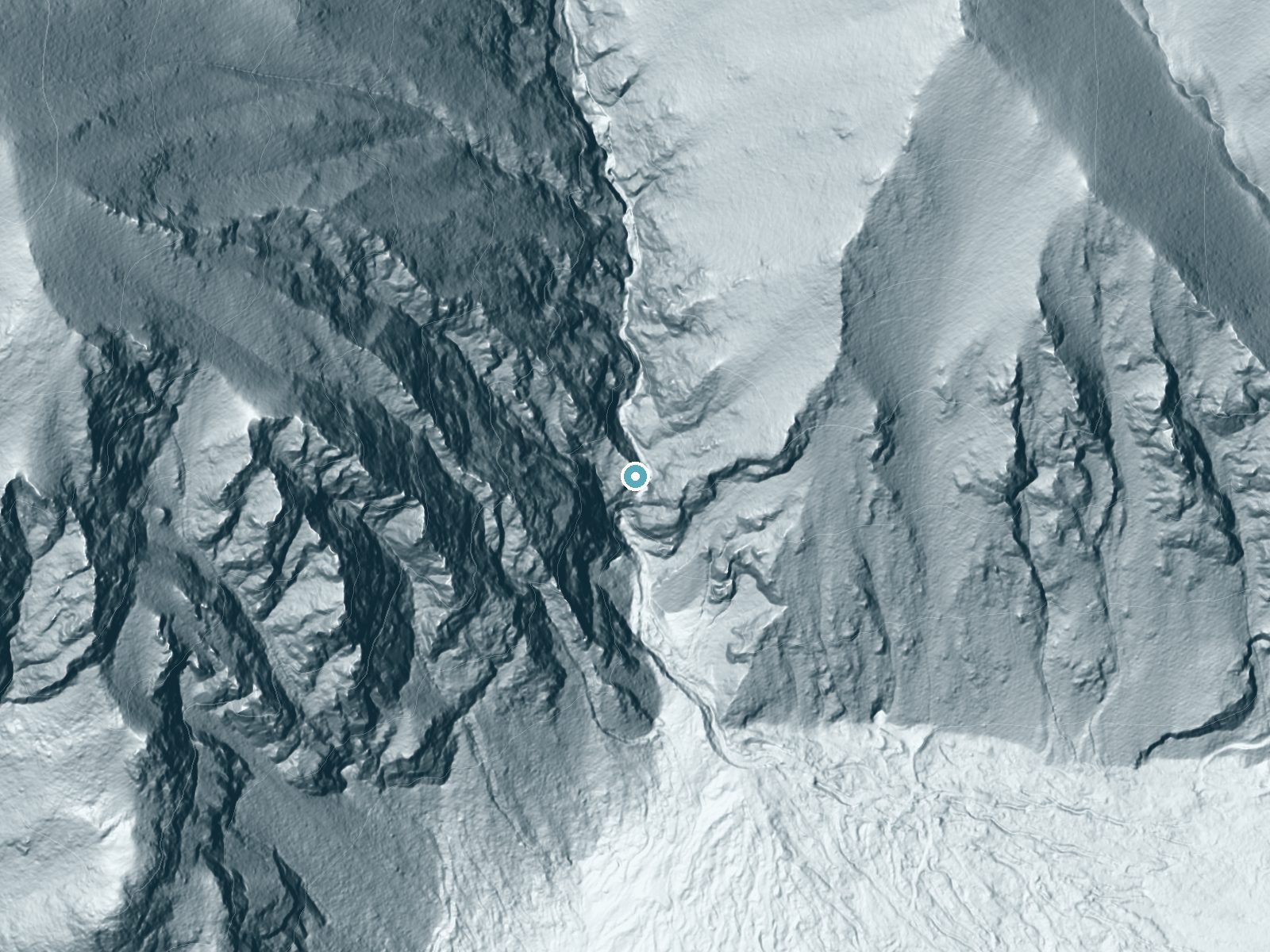 LiDAR bare-earth terrain around Agnes Vaille Falls near Nathrop, Colorado, showing about 432 feet of drop, a single sheer drop, facing south