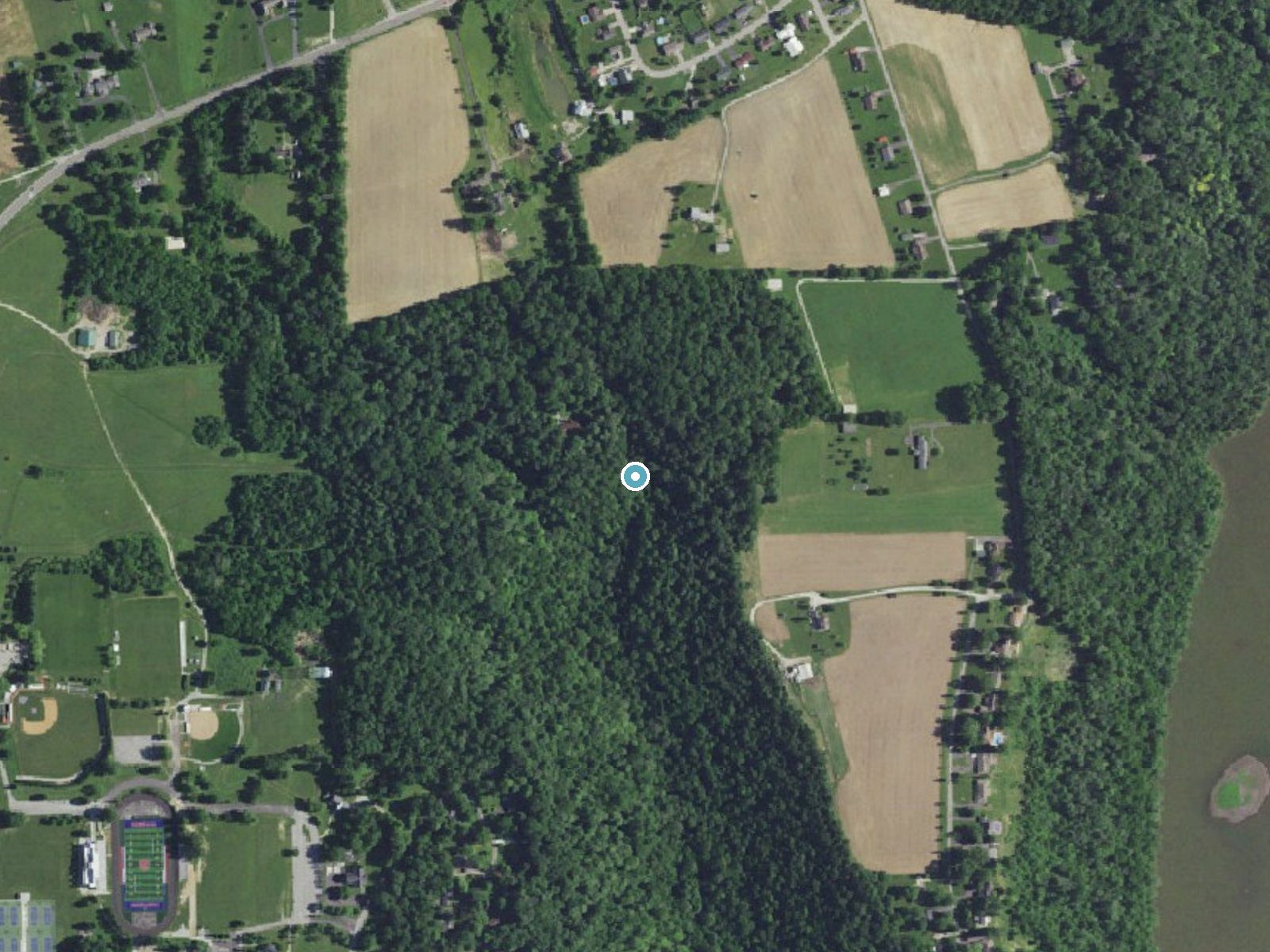 Aerial photo of the same ground around Horseshoe Falls near Hanover, Indiana, for comparison with the lidar view