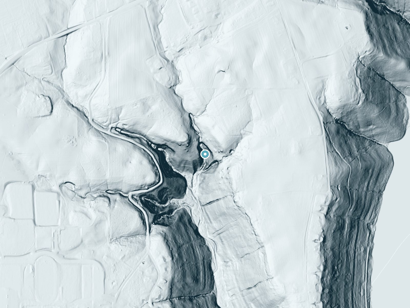 LiDAR bare-earth terrain around Horseshoe Falls near Hanover, Indiana, showing about 205 feet of drop, a steep tiered drop, facing south