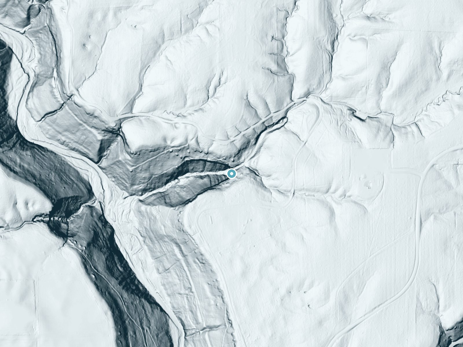 LiDAR bare-earth terrain around Hoffman Falls near Madison, Indiana, showing about 186 feet of drop, a single sheer drop, facing west