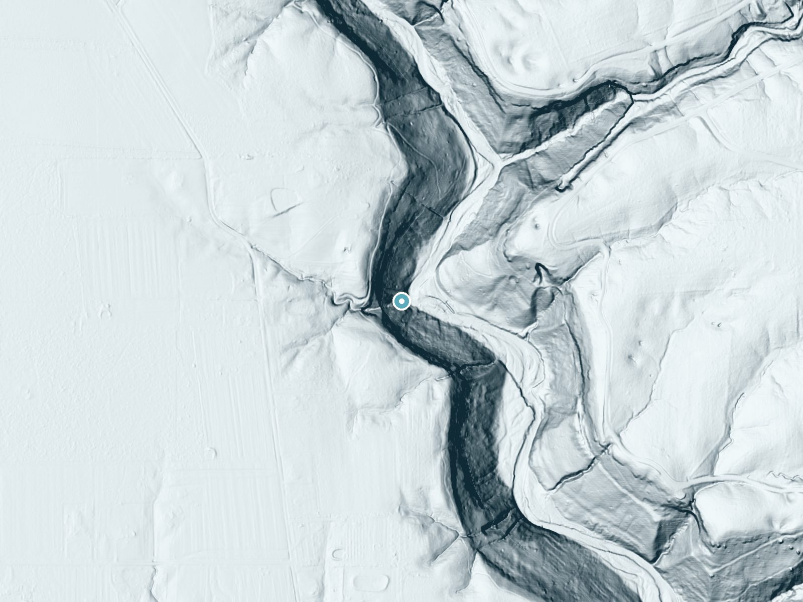 LiDAR bare-earth terrain around Wallace Falls near Madison, Indiana, showing about 249 feet of drop, a steep tiered drop, facing east
