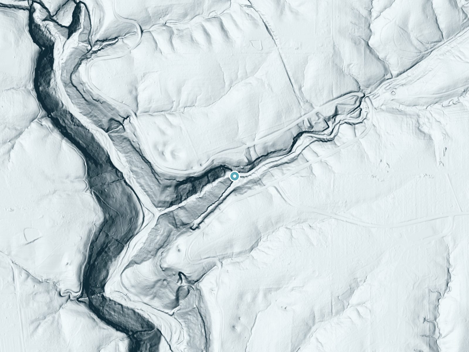 LiDAR bare-earth terrain around Tunnel Falls near Madison, Indiana, showing about 191 feet of drop, a steep tiered drop, facing southwest