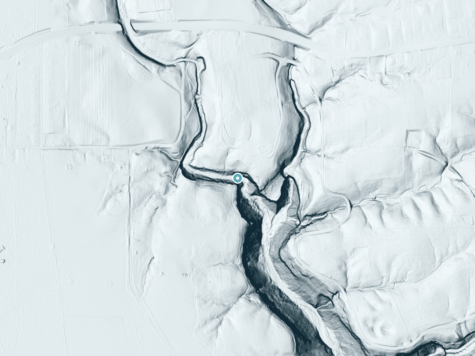 LiDAR bare-earth terrain around Clifty Falls near Madison, Indiana, showing about 173 feet of drop, a steep tiered drop, facing south