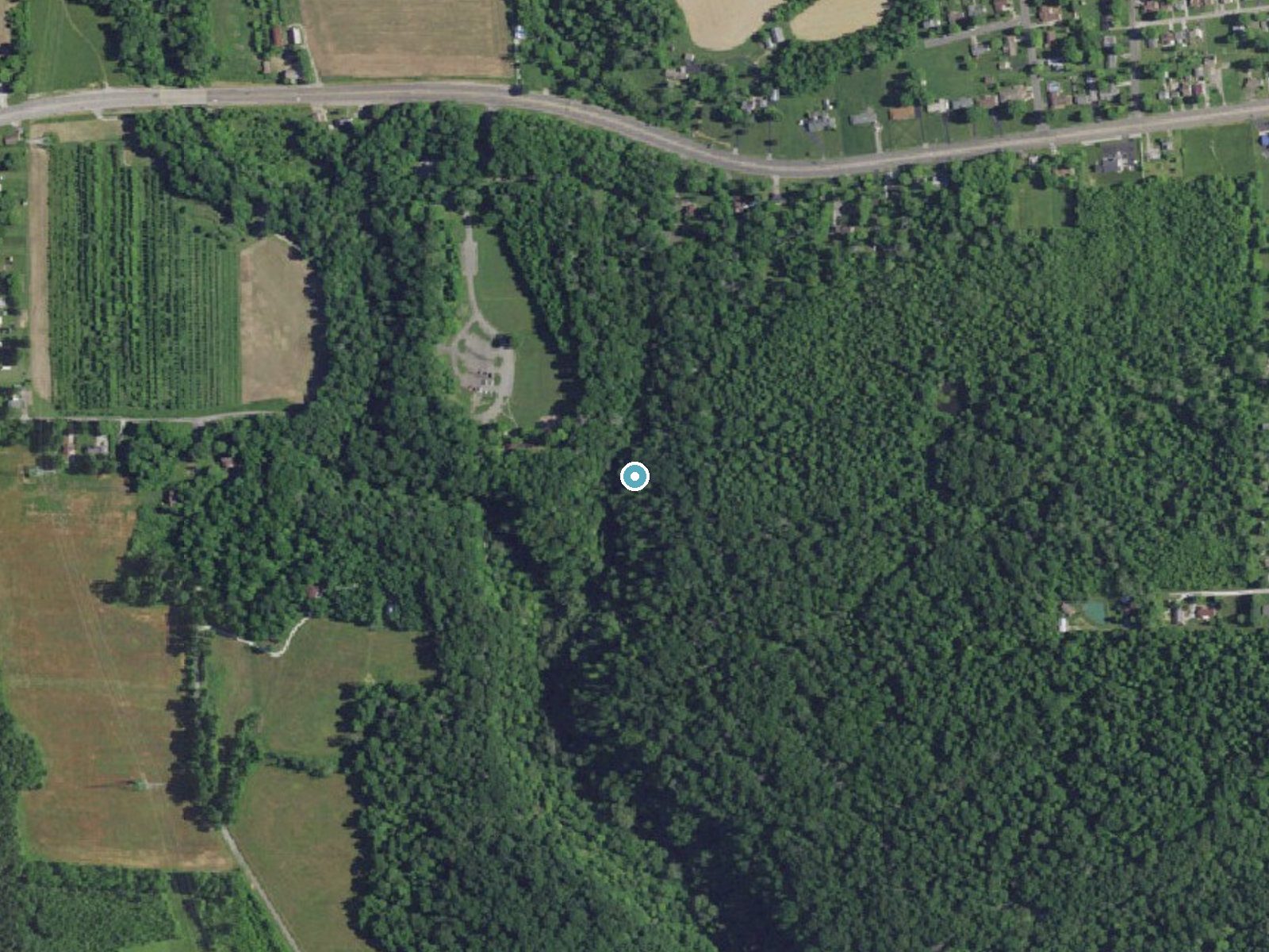 Aerial photo of the same ground around Little Clifty Falls near Madison, Indiana, for comparison with the lidar view