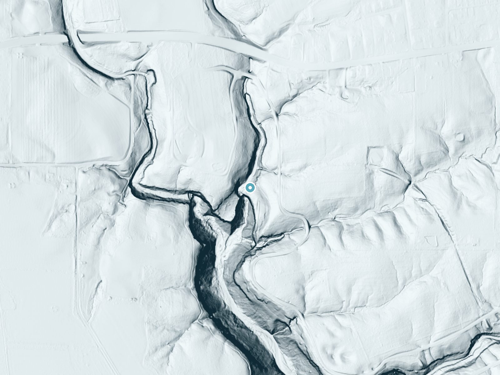 LiDAR bare-earth terrain around Little Clifty Falls near Madison, Indiana, showing about 166 feet of drop, a single sheer drop, facing southwest