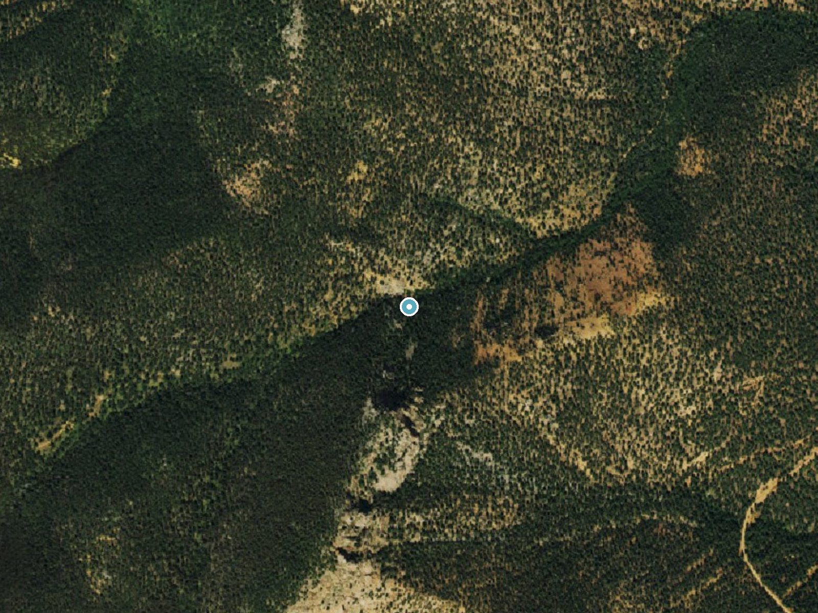 Aerial photo of the same ground around Saint Marys Falls near Manitou Springs, Colorado, for comparison with the lidar view