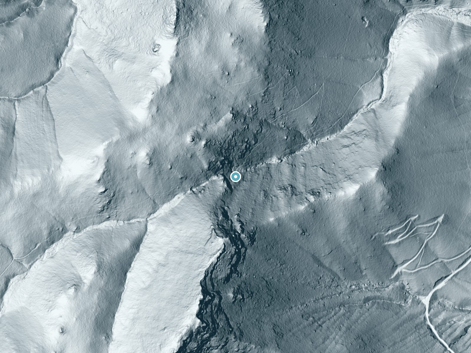 LiDAR bare-earth terrain around Saint Marys Falls near Manitou Springs, Colorado, showing about 395 feet of drop, a single sheer drop, facing northeast