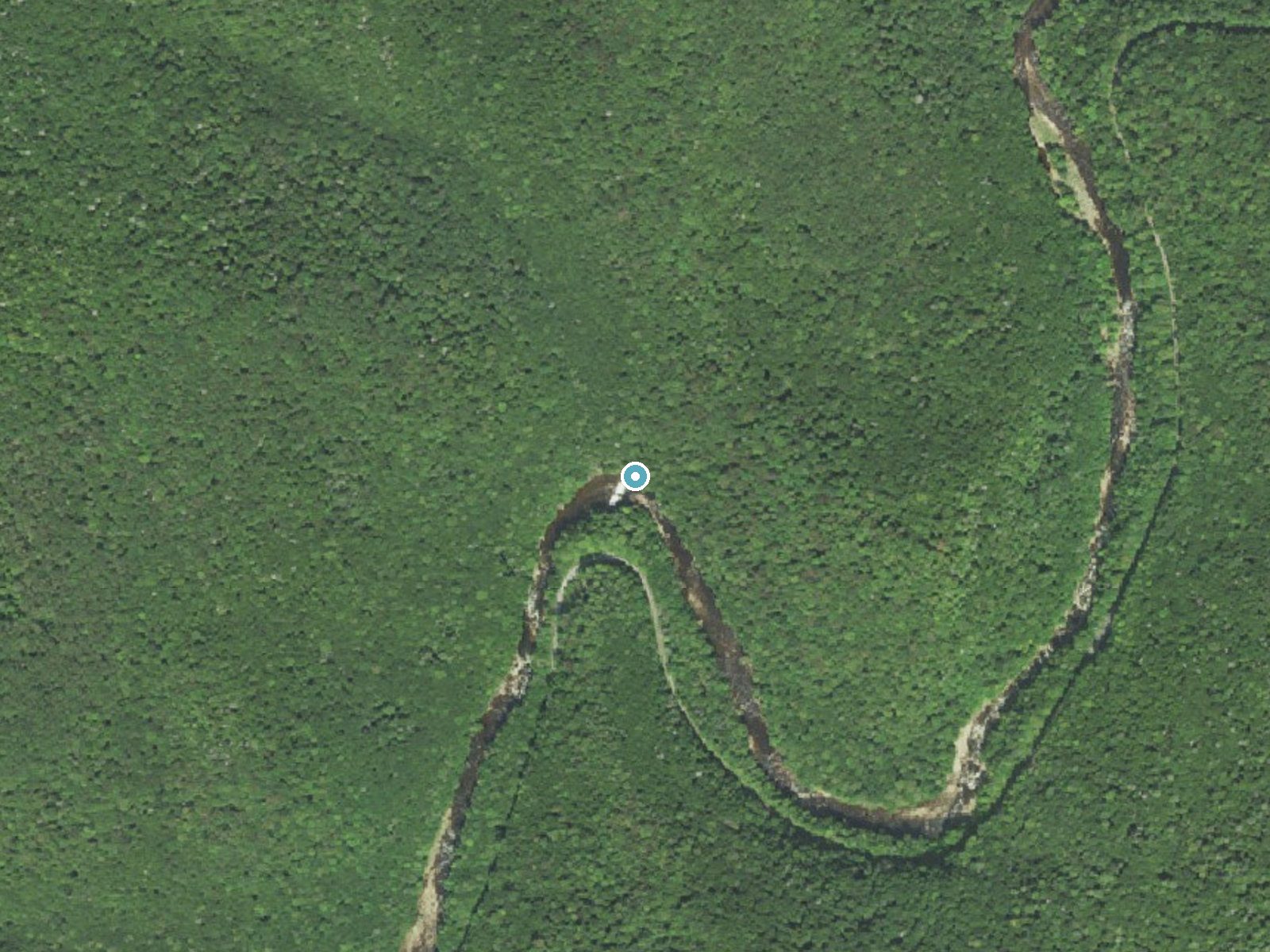 Aerial photo of the same ground around High Falls near East Dailey, West Virginia, for comparison with the lidar view