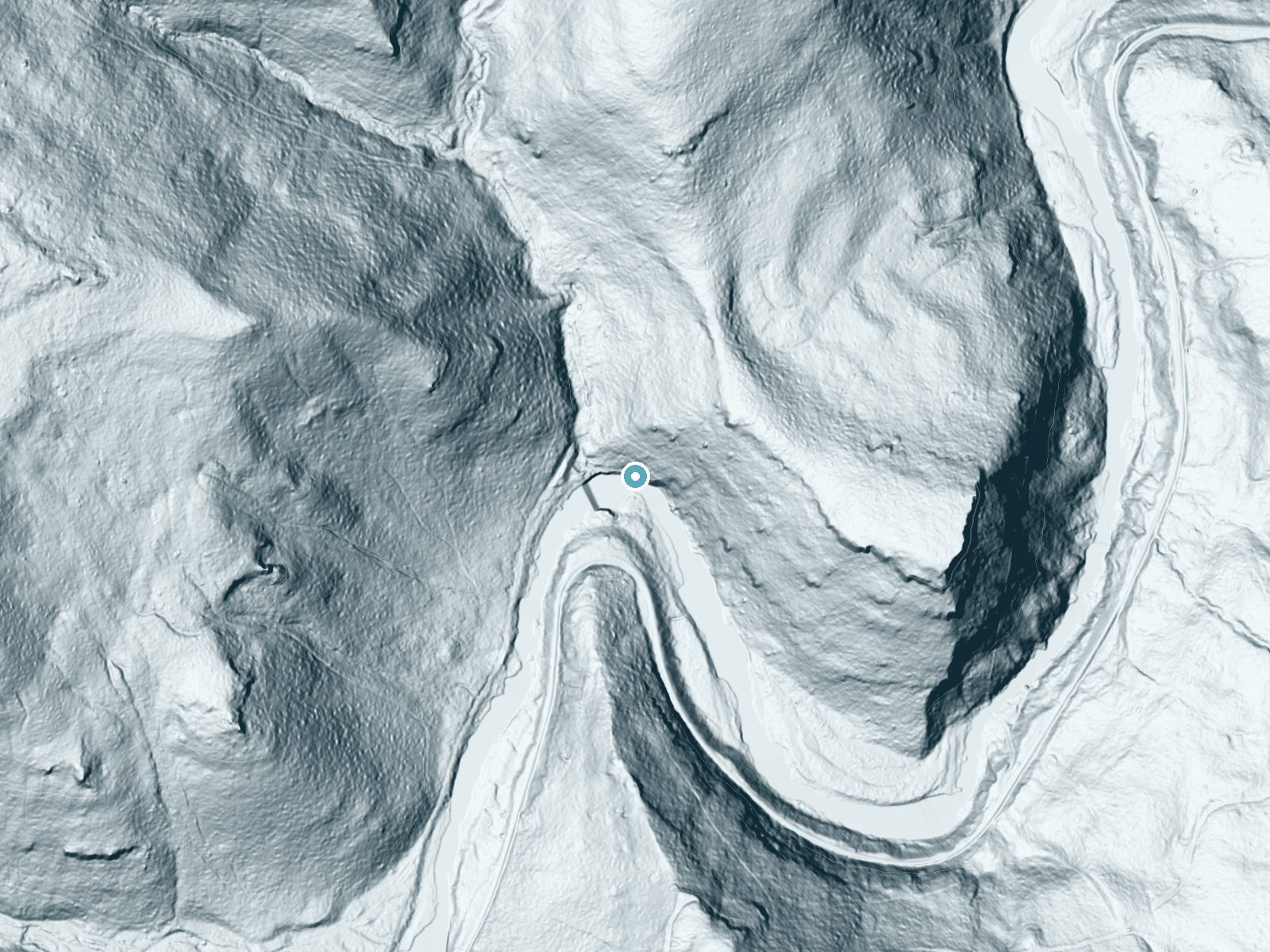 LiDAR bare-earth terrain around High Falls near East Dailey, West Virginia, showing about 201 feet of drop, a steep tiered drop, facing southwest