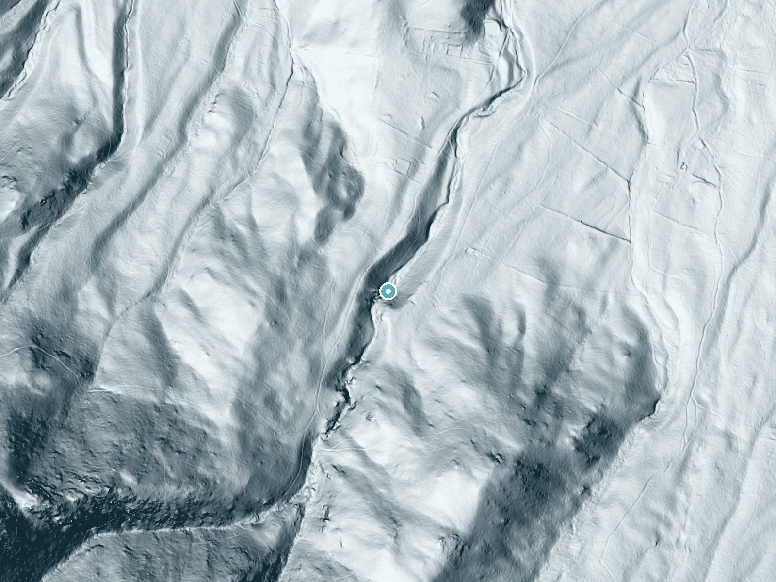 LiDAR bare-earth terrain around Greasy Falls near Sperryville, Virginia, showing about 138 feet of drop, a steep tiered drop, facing northeast