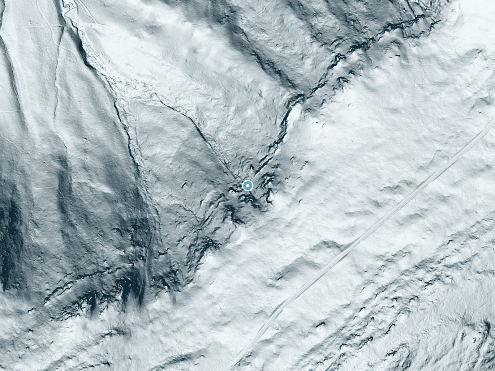 LiDAR bare-earth terrain around Miller Falls near Flint Hill, Virginia, showing about 396 feet of drop, a steep tiered drop, facing northwest