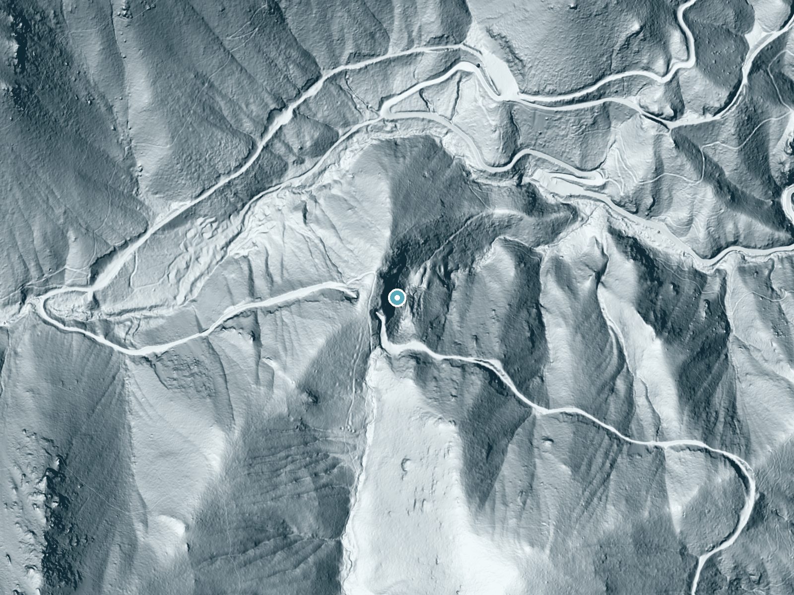 LiDAR bare-earth terrain around Silver Cascade Falls near Manitou Springs, Colorado, showing about 276 feet of drop, a steep tiered drop, facing east