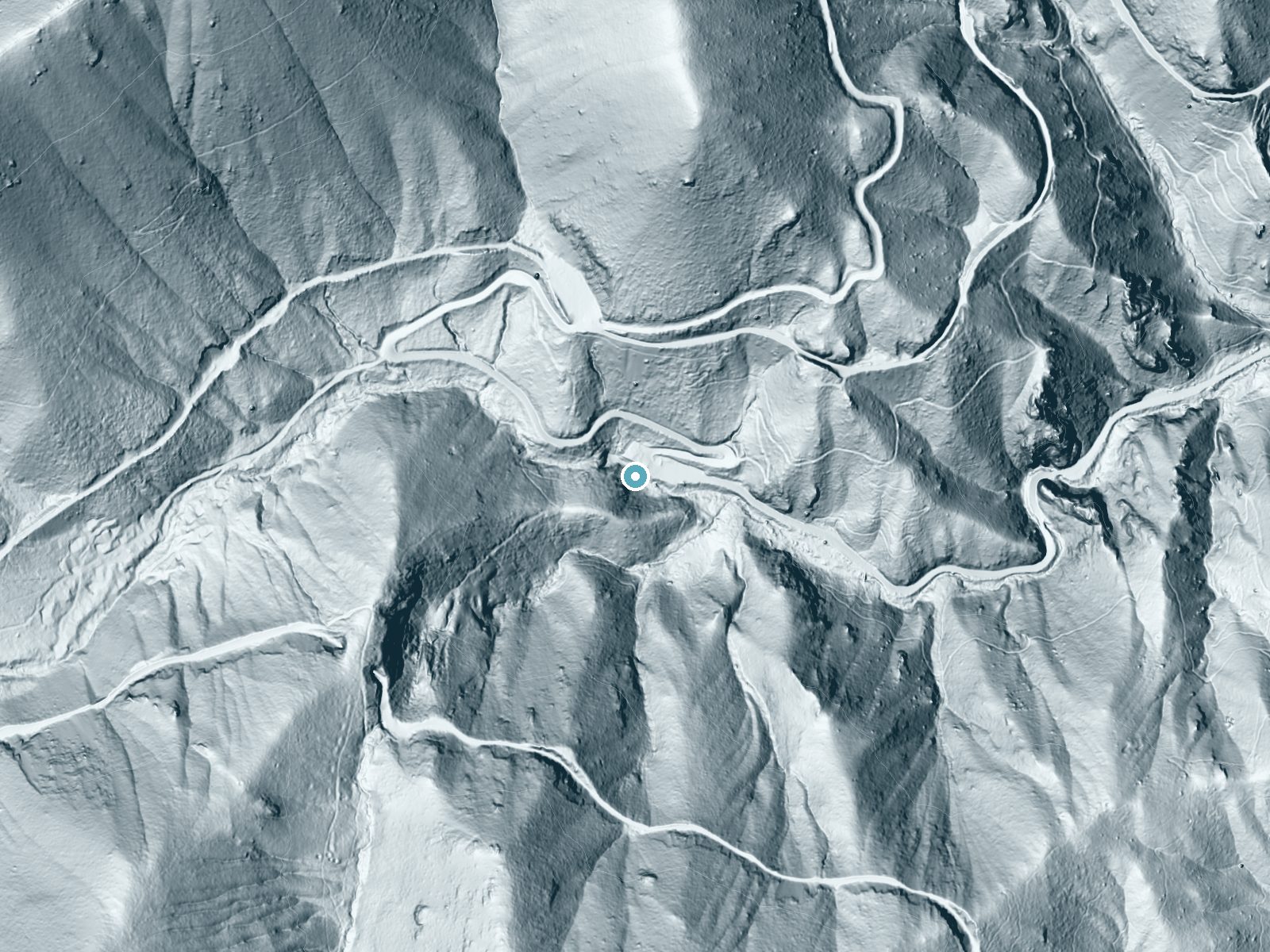 LiDAR bare-earth terrain around Helen Hunt Falls near Manitou Springs, Colorado, showing about 138 feet of drop, a steep tiered drop, facing east