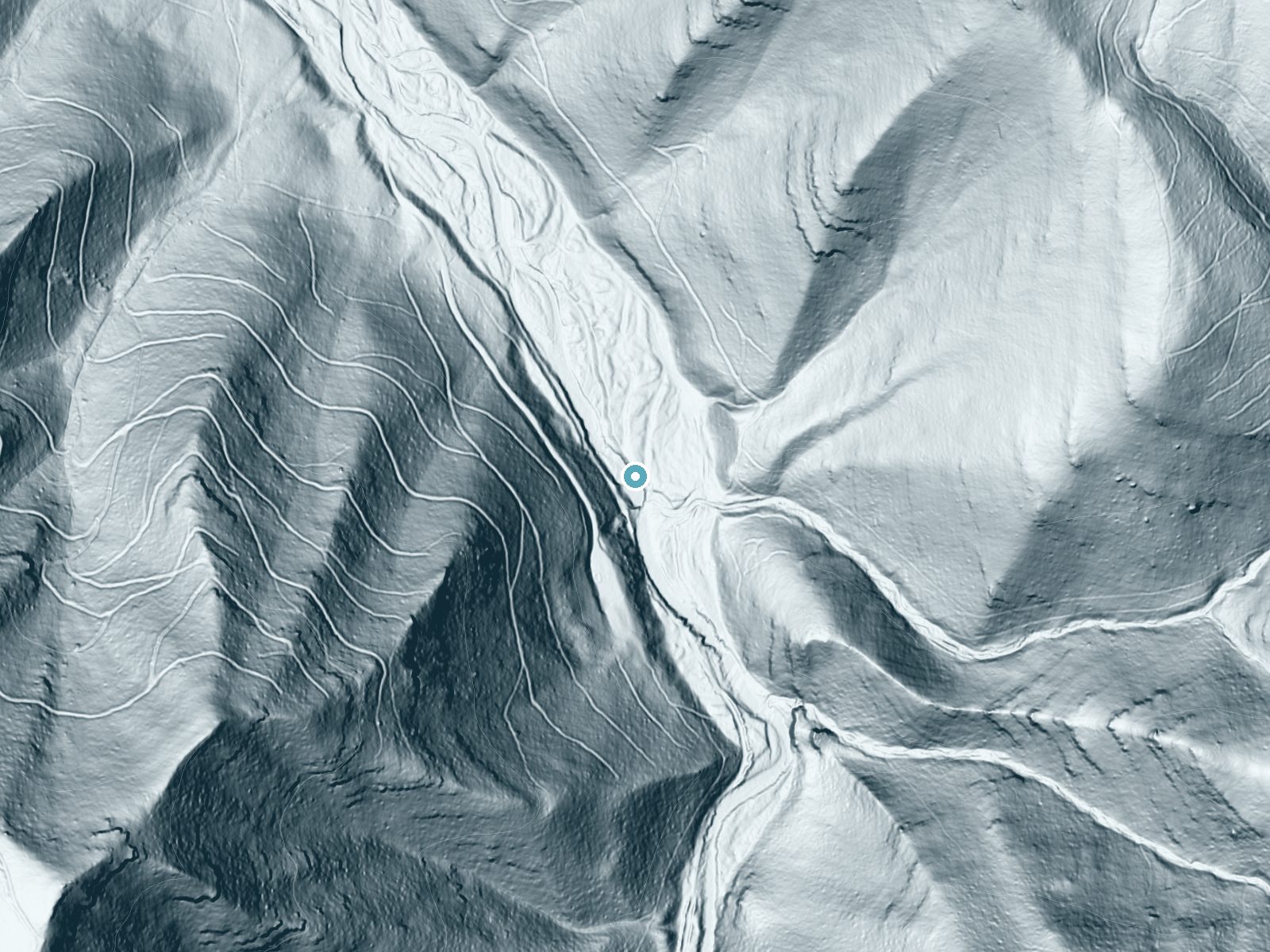 LiDAR bare-earth terrain around Falls of Seneca near Whitmer, West Virginia, showing about 110 feet of drop, a steep tiered drop, facing northeast