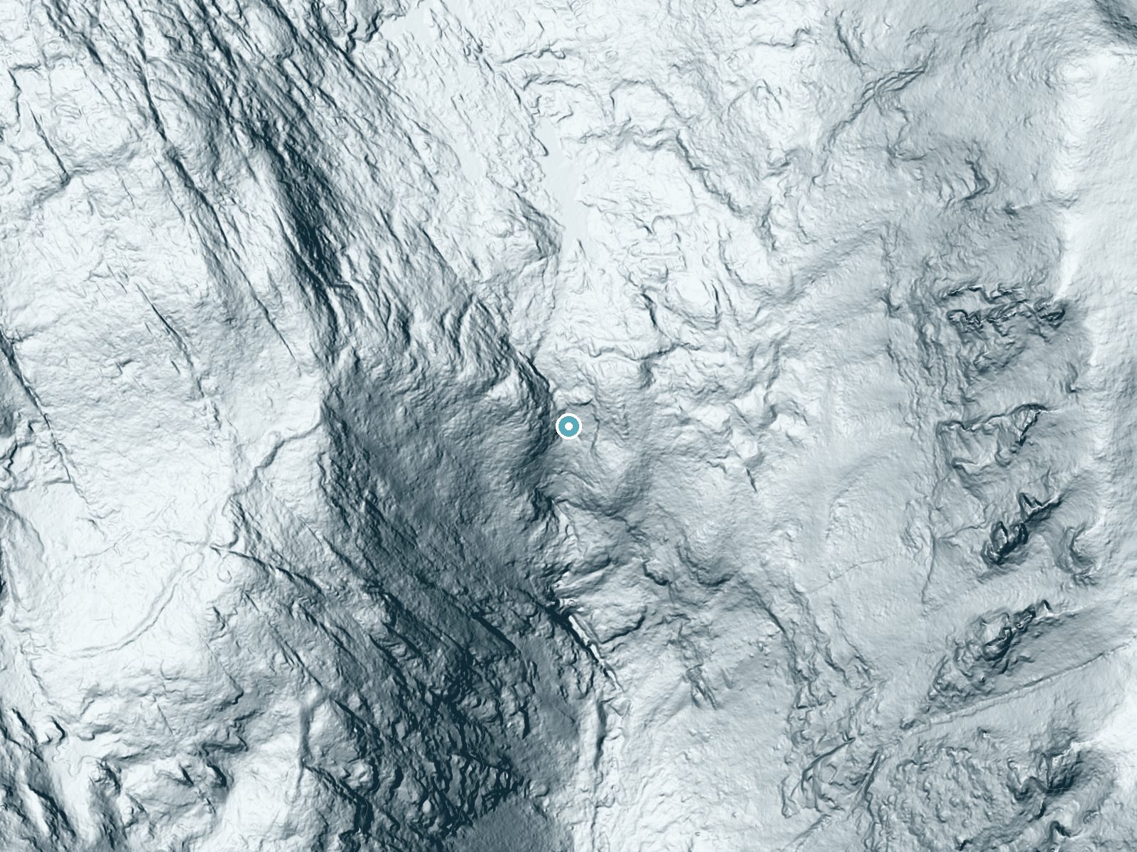 LiDAR bare-earth terrain around Horsetail Falls near Meyers, California, showing about 301 feet of drop, a steep tiered drop, facing south