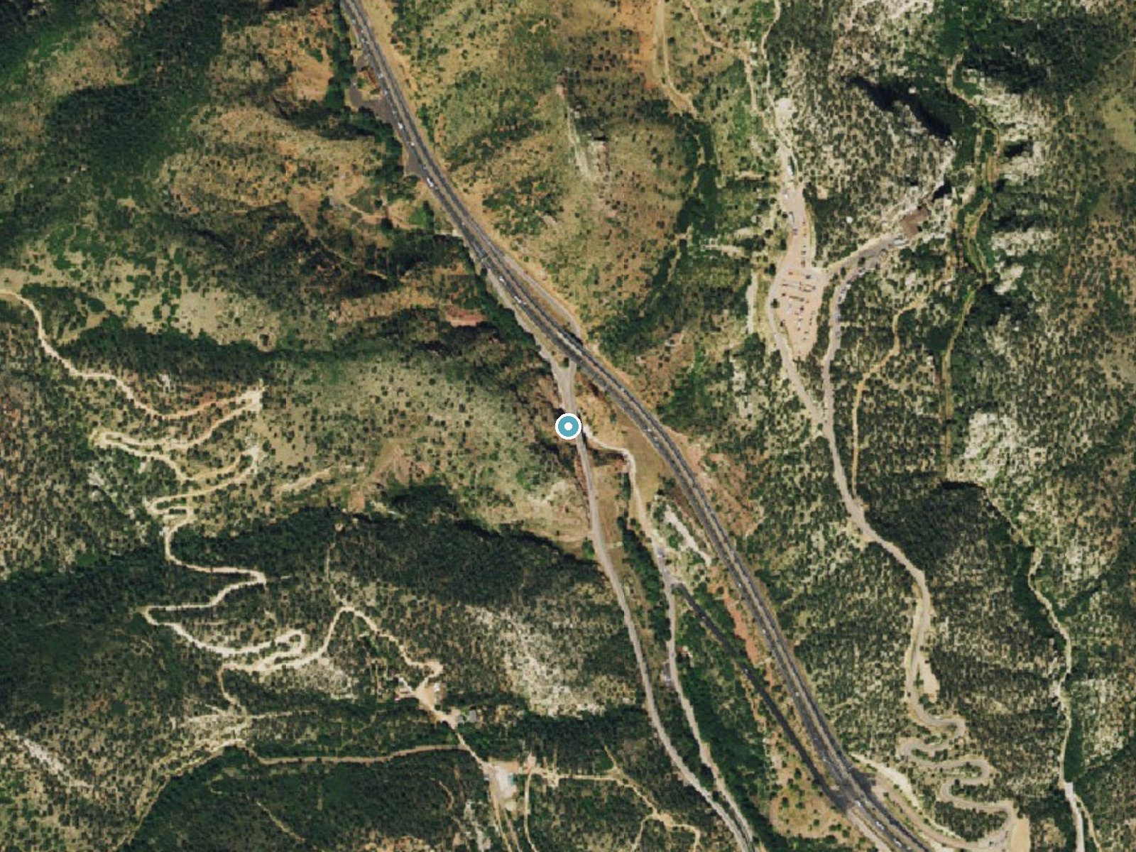 Aerial photo of the same ground around Rainbow Falls near Manitou Springs, Colorado, for comparison with the lidar view