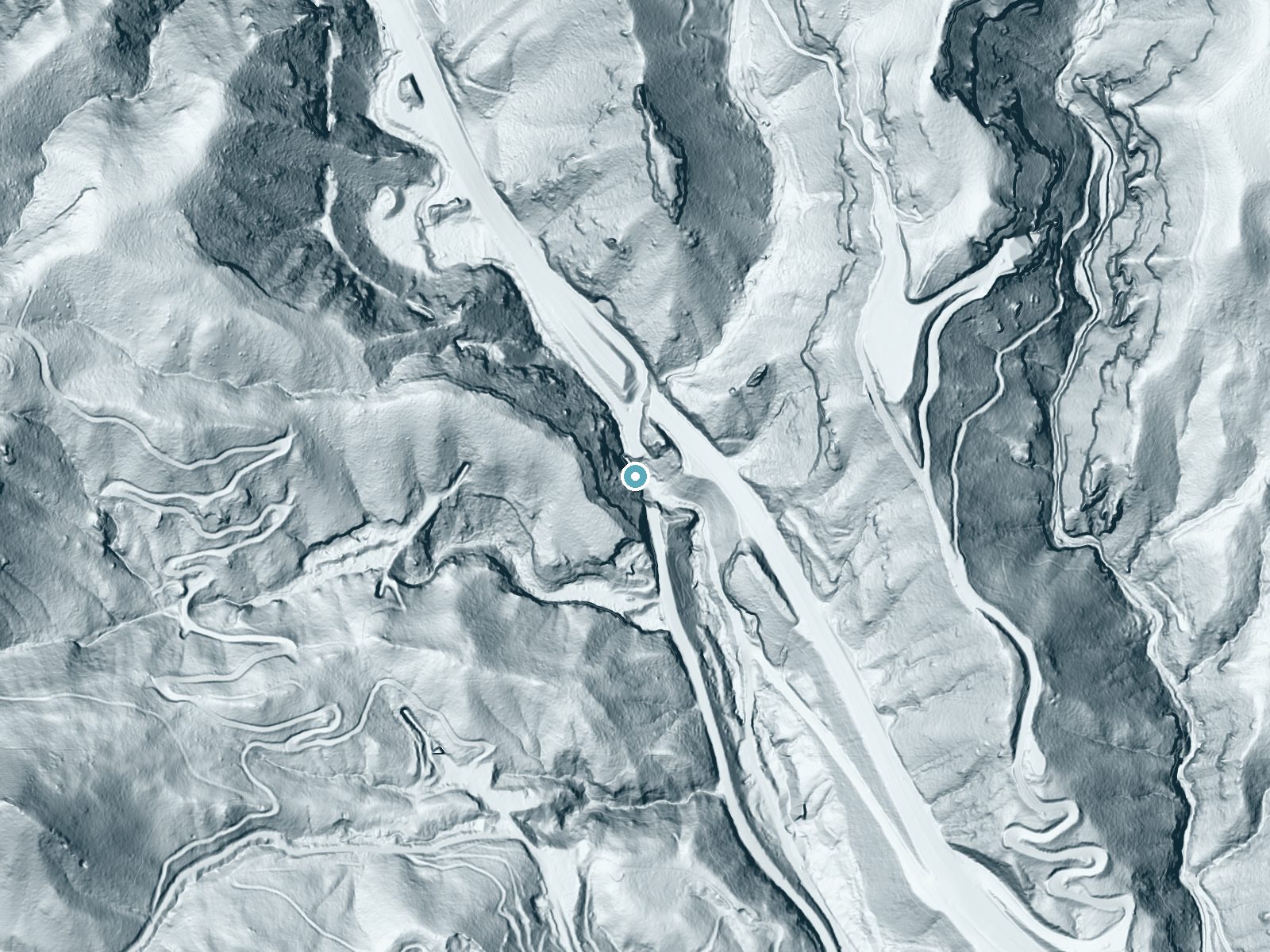 LiDAR bare-earth terrain around Rainbow Falls near Manitou Springs, Colorado, showing about 236 feet of drop, a steep tiered drop, facing east