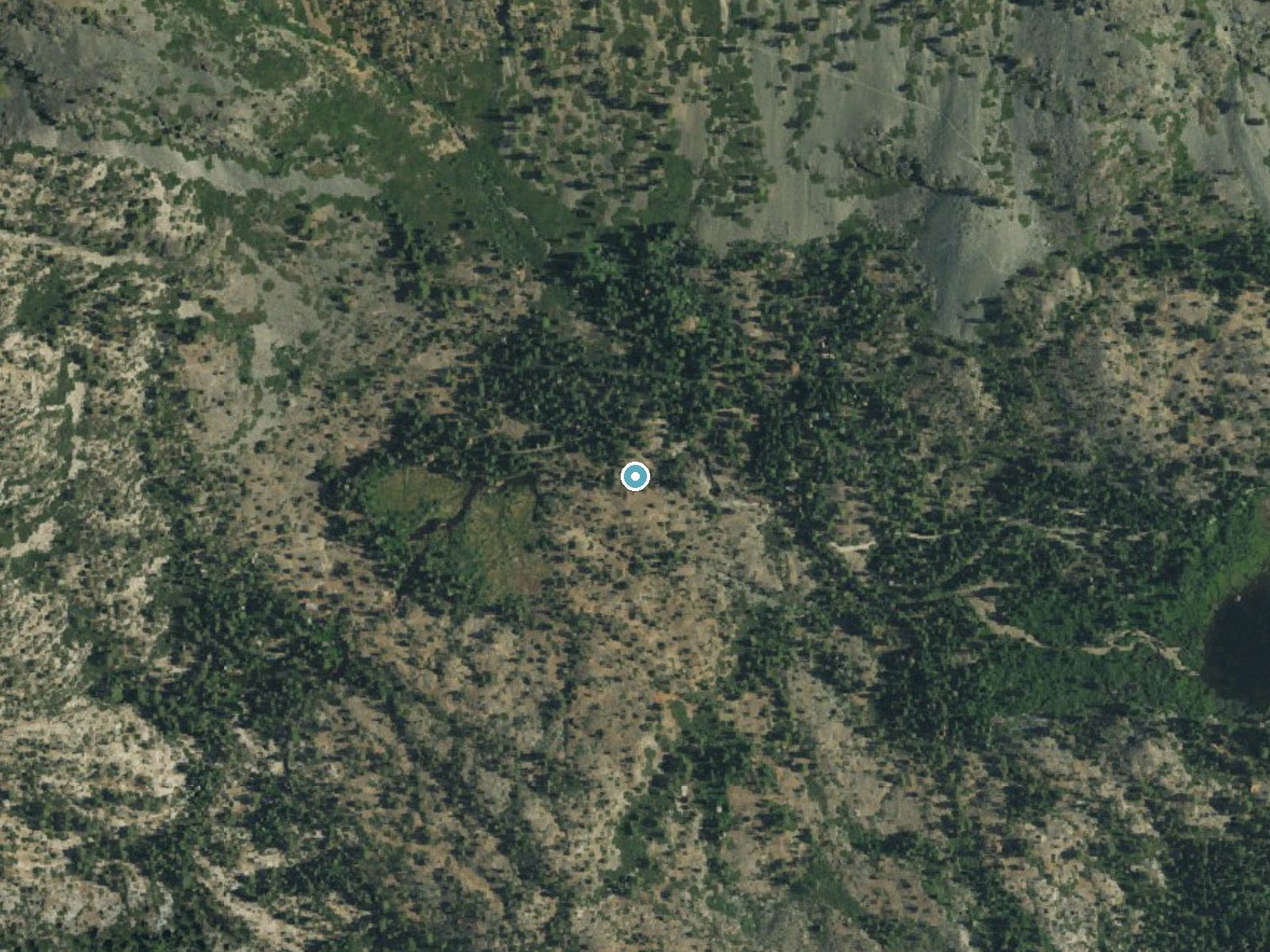 Aerial photo of the same ground around Sawyier Falls near Meyers, California, for comparison with the lidar view