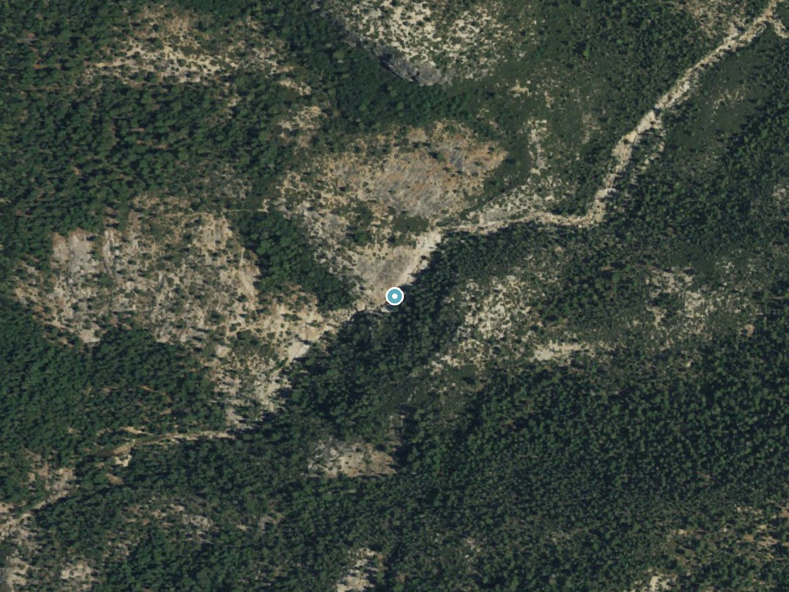Aerial photo of the same ground around Bassi Falls near Meyers, California, for comparison with the lidar view