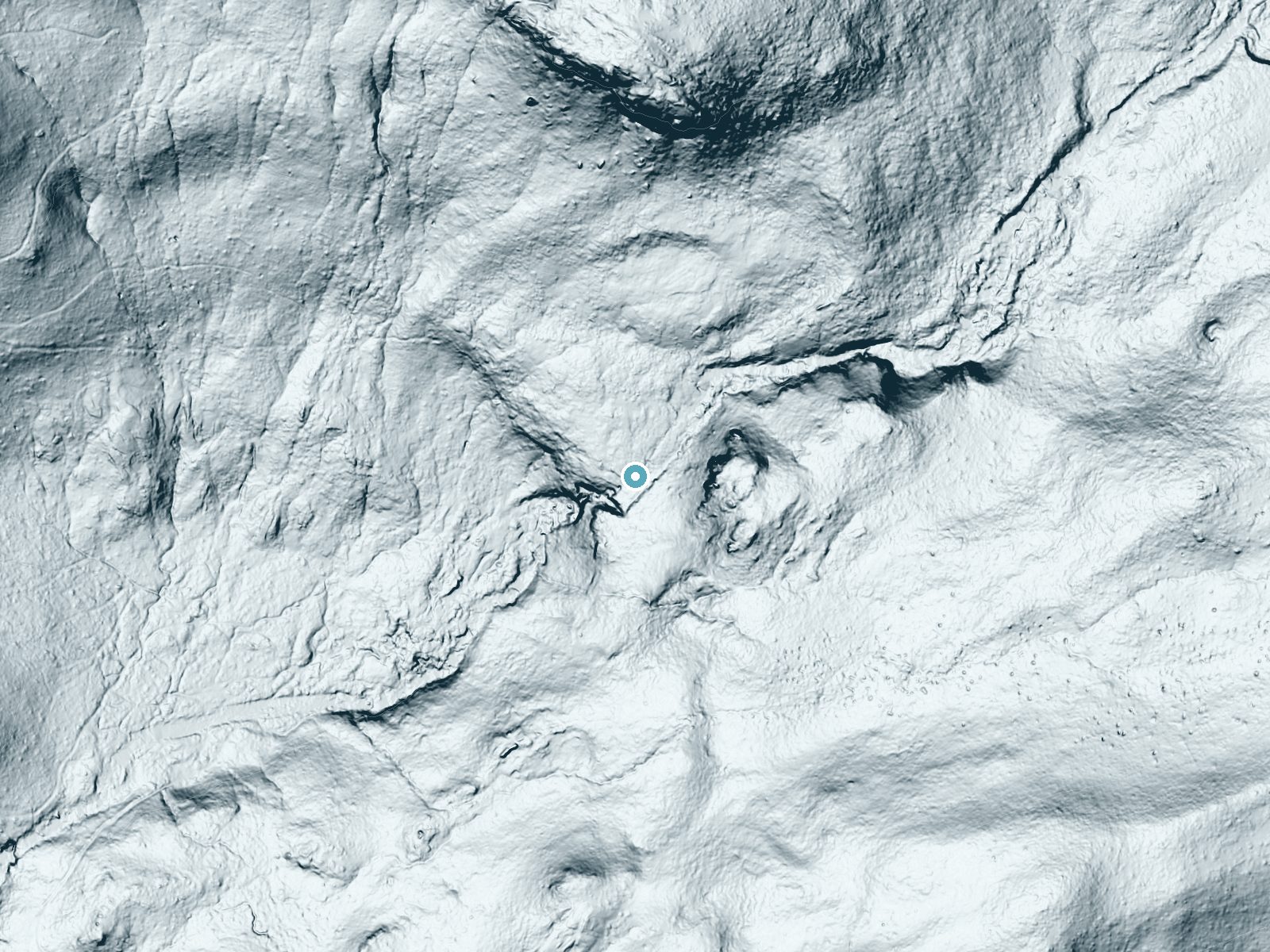 LiDAR bare-earth terrain around Bassi Falls near Meyers, California, showing about 175 feet of drop, a steep tiered drop, facing west