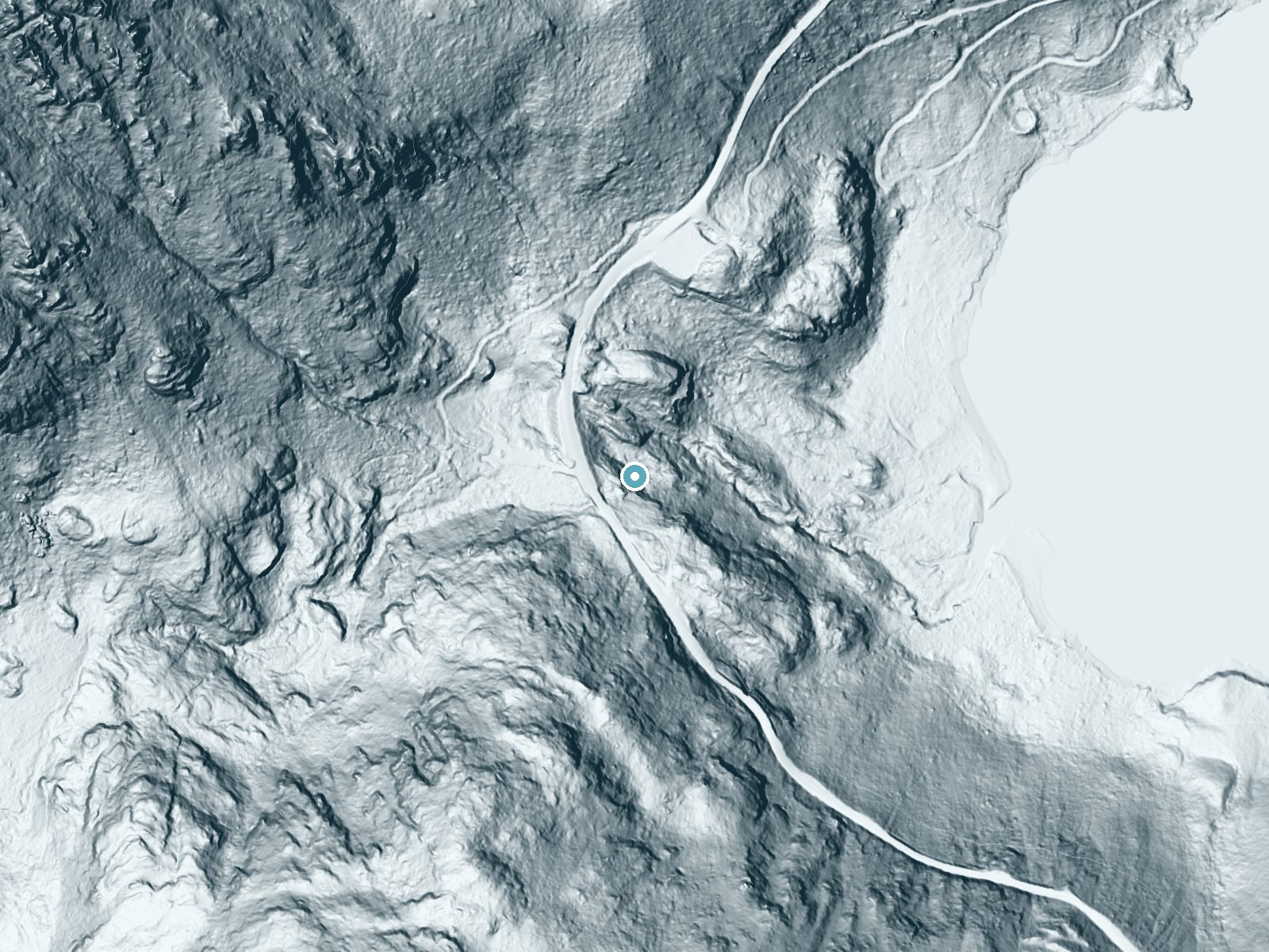 LiDAR bare-earth terrain around Eagle Falls near South Lake Tahoe, California, showing about 209 feet of drop, a steep tiered drop, facing northeast