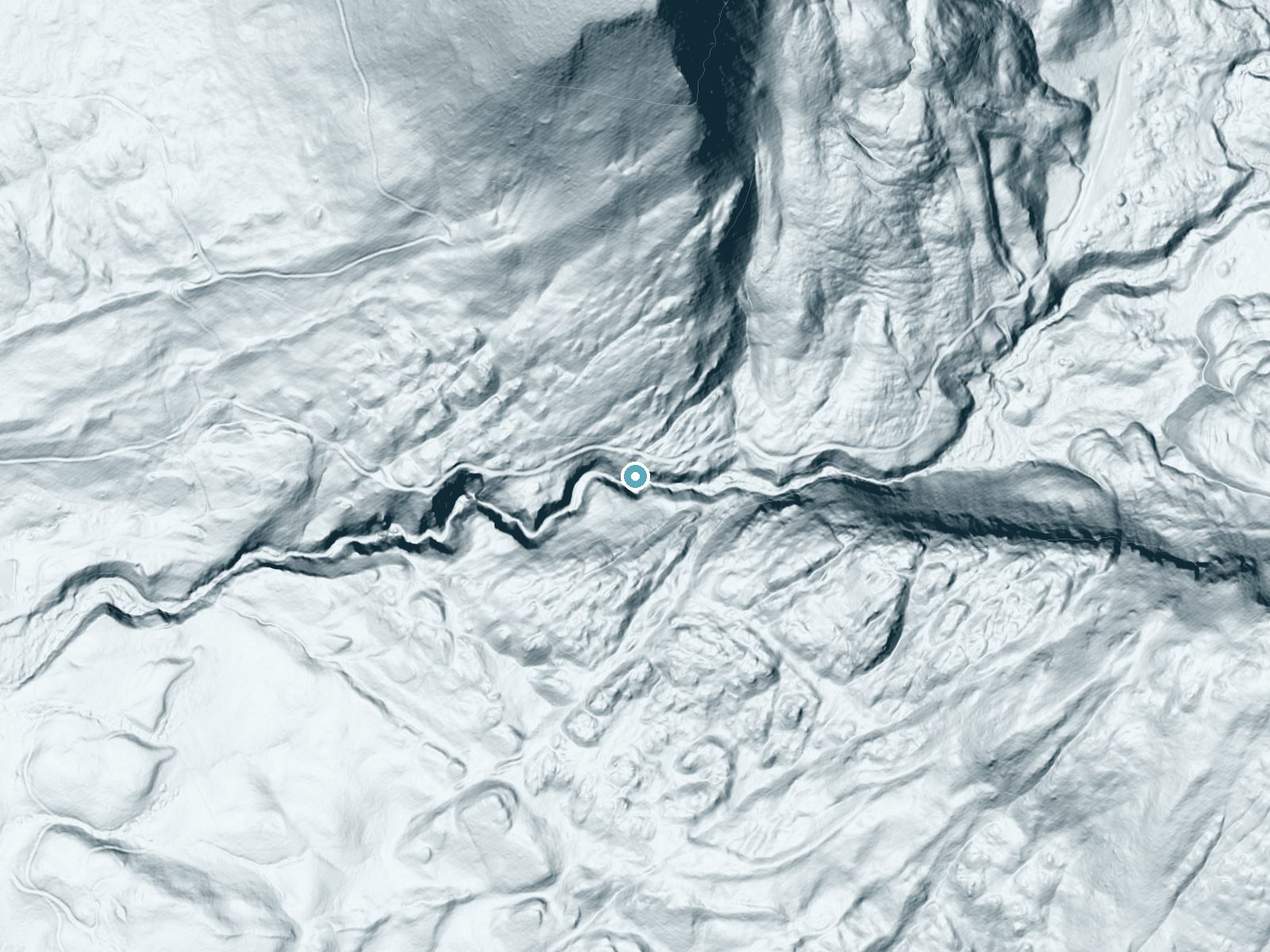 LiDAR bare-earth terrain around Judd Falls near Mount Crested Butte, Colorado, showing about 133 feet of drop, a steep tiered drop, facing southwest